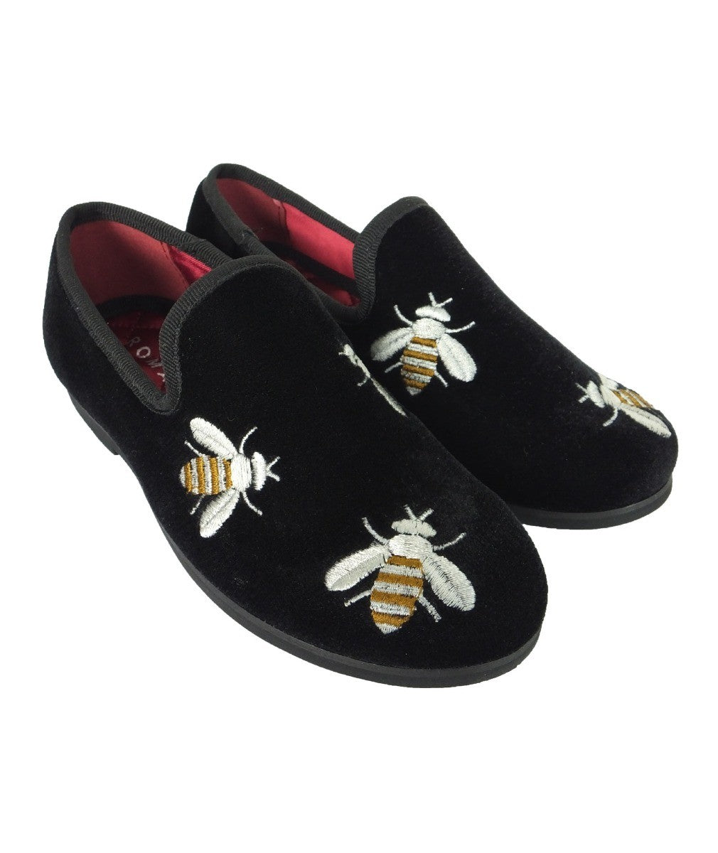 Boys Velvet Bee Embroidered Slip On Loafers - Black