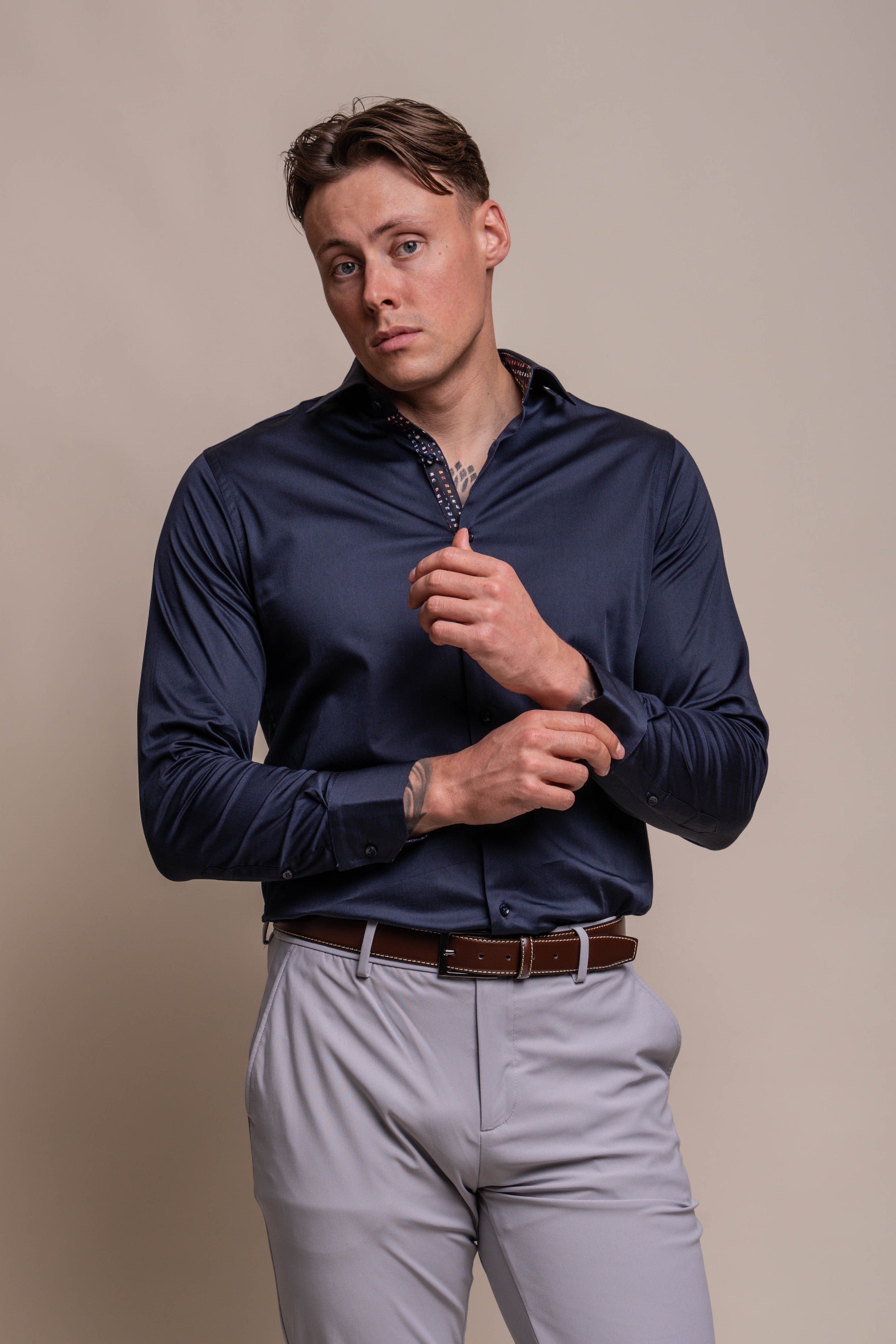 Men's Cotton Long Sleeve Casual Shirt - SIMSON - Navy Blue