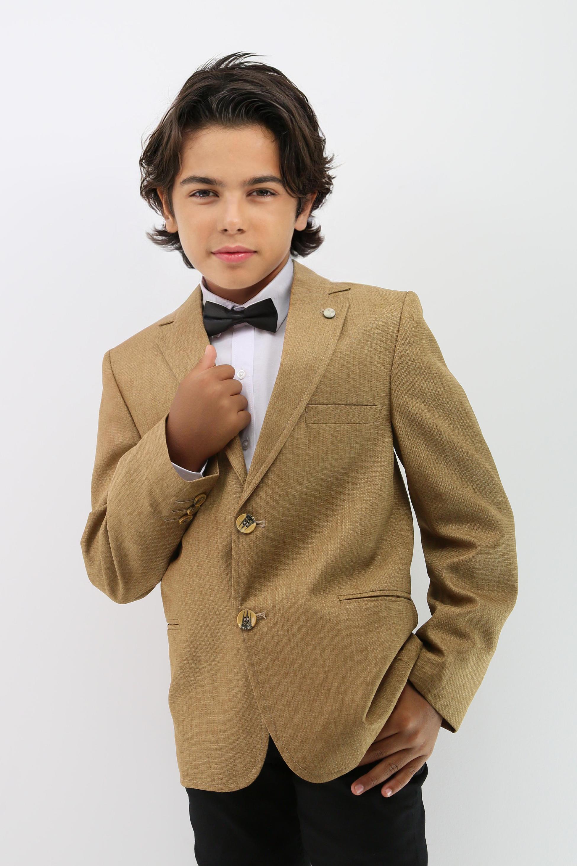 Boys' Formal Tan Brown Textured Blazer Jacket - Mustard Brown