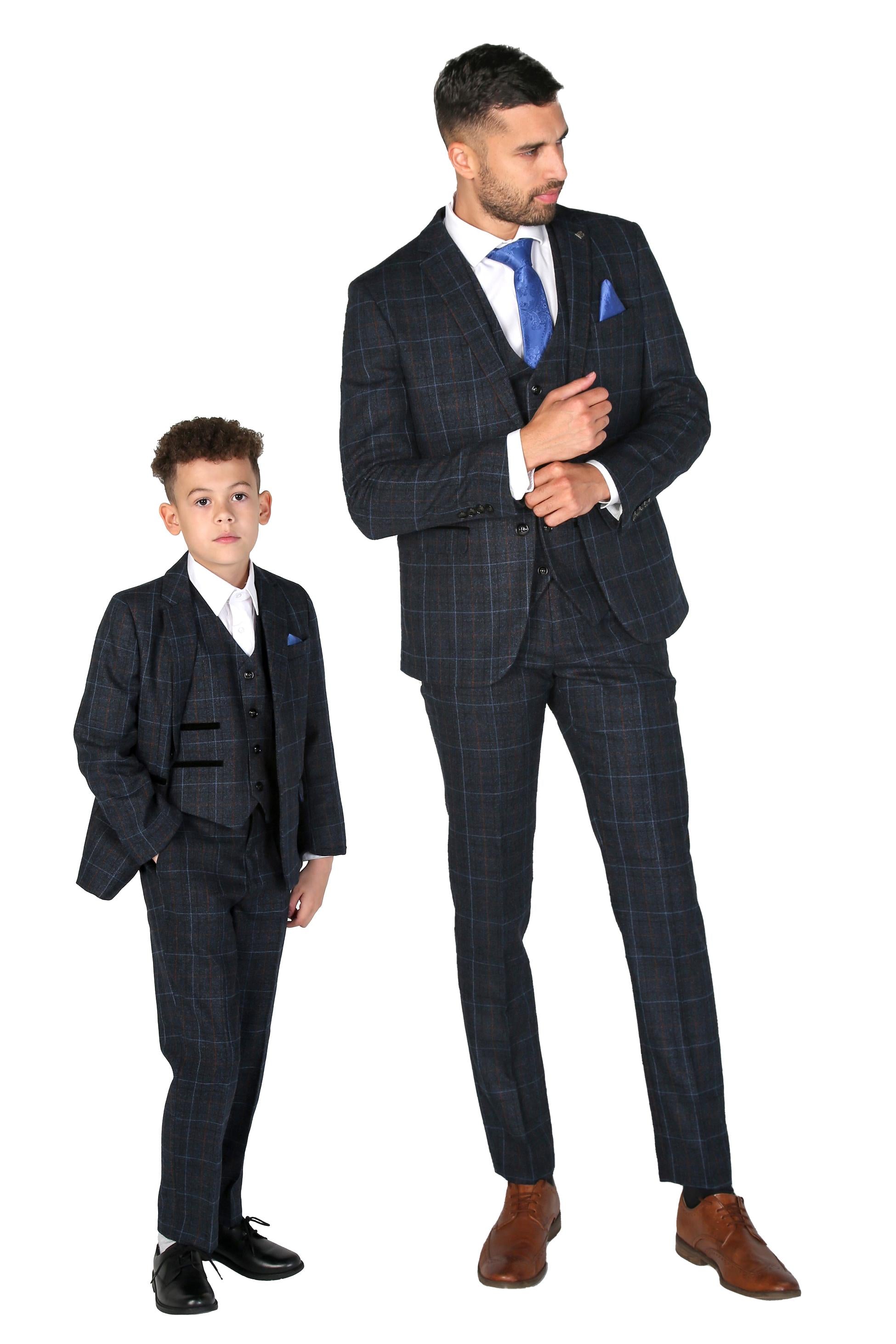 Boys Windowpane Tailored Fit Suit- HARVEY - Navy Blue