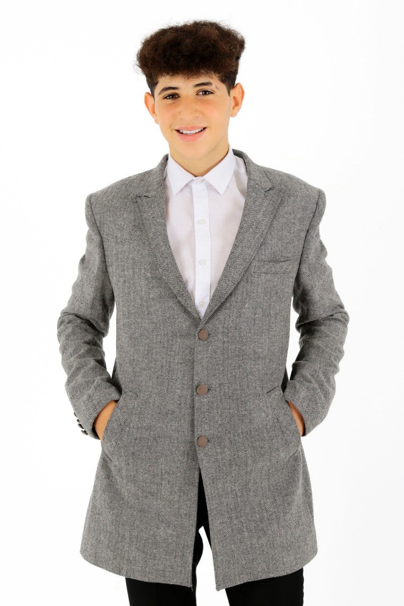 Boys Wool Herringbone Tailored Fit Midi Winter Coat - Light Grey