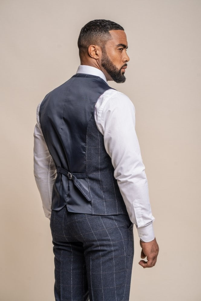 Men's Windowpane Check Wool Navy Blue Waistcoat - ANGELS - Navy Blue