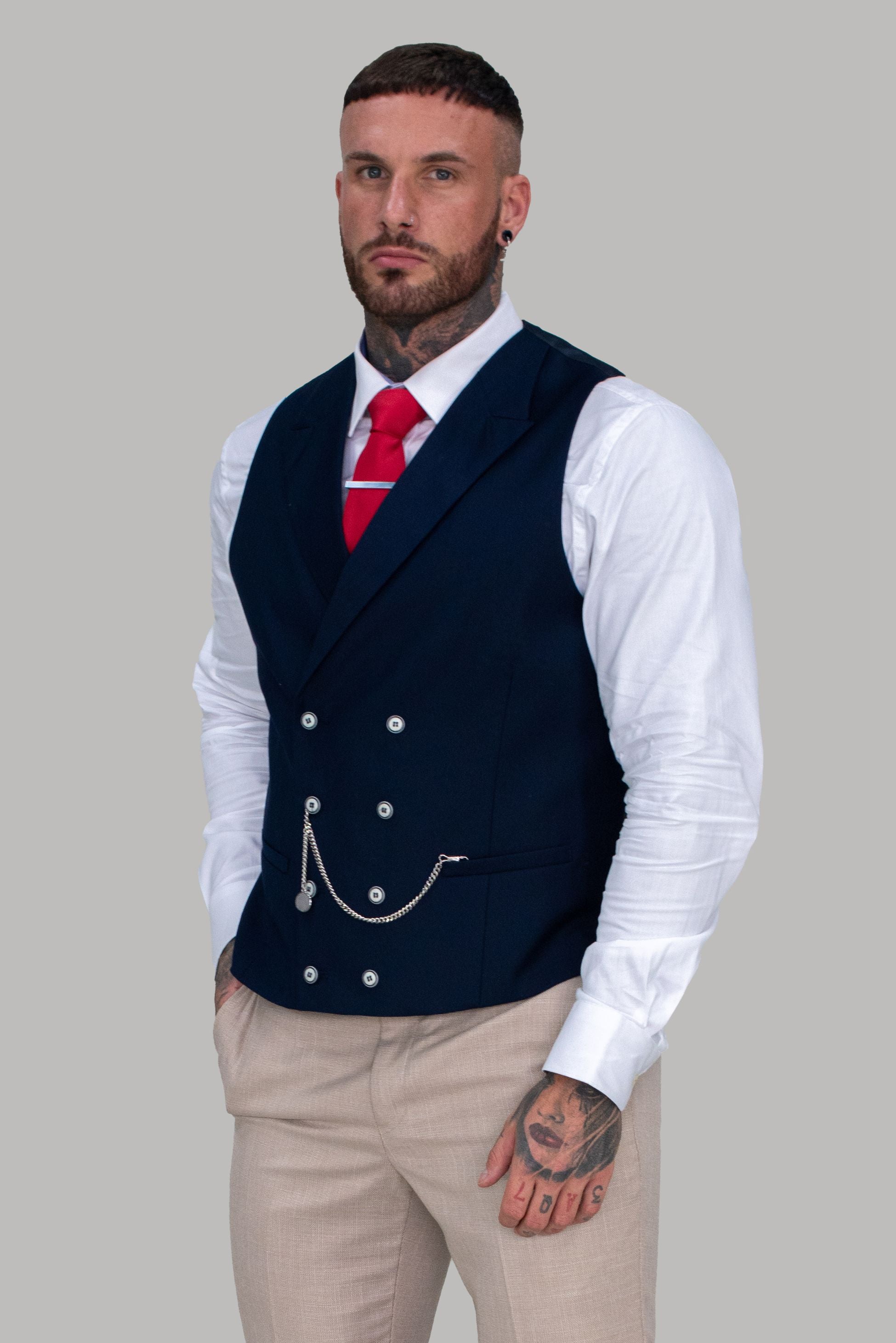 Men's Slim Fit Double Breasted Waistcoat - LENNOX - Navy Blue