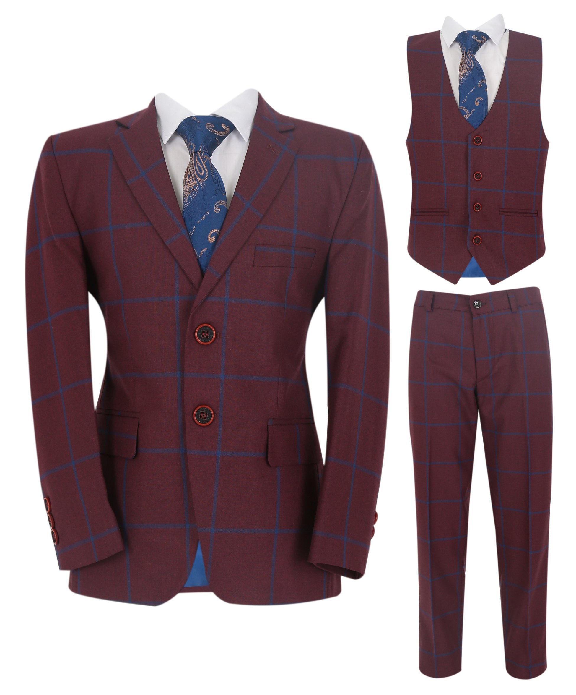 Boys Tailored Fit Windowpane Check Suit - DOMINIC - Burgundy - Blue