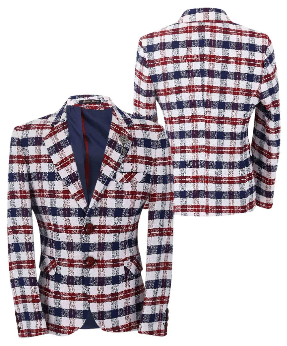 Boys Plaid Cotton Retro Slim Fit Formal Blazer - Burgundy