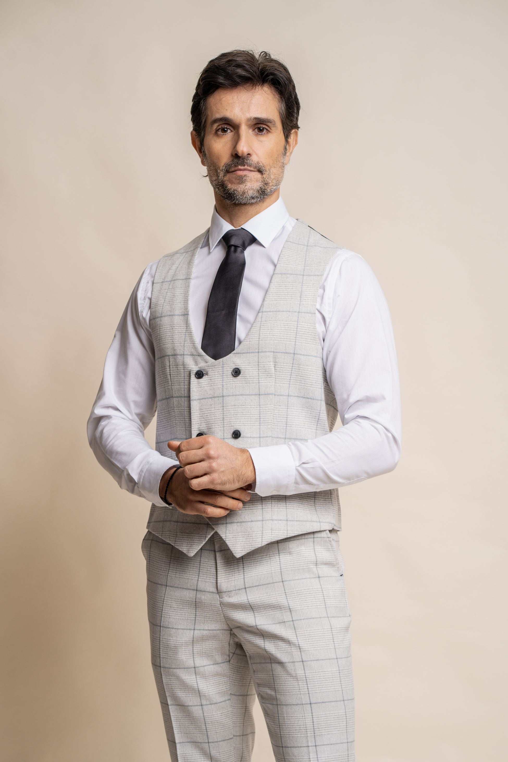 Men's Double Breasted Retro Check Grey Waistcoat - RADIKA - Light Grey