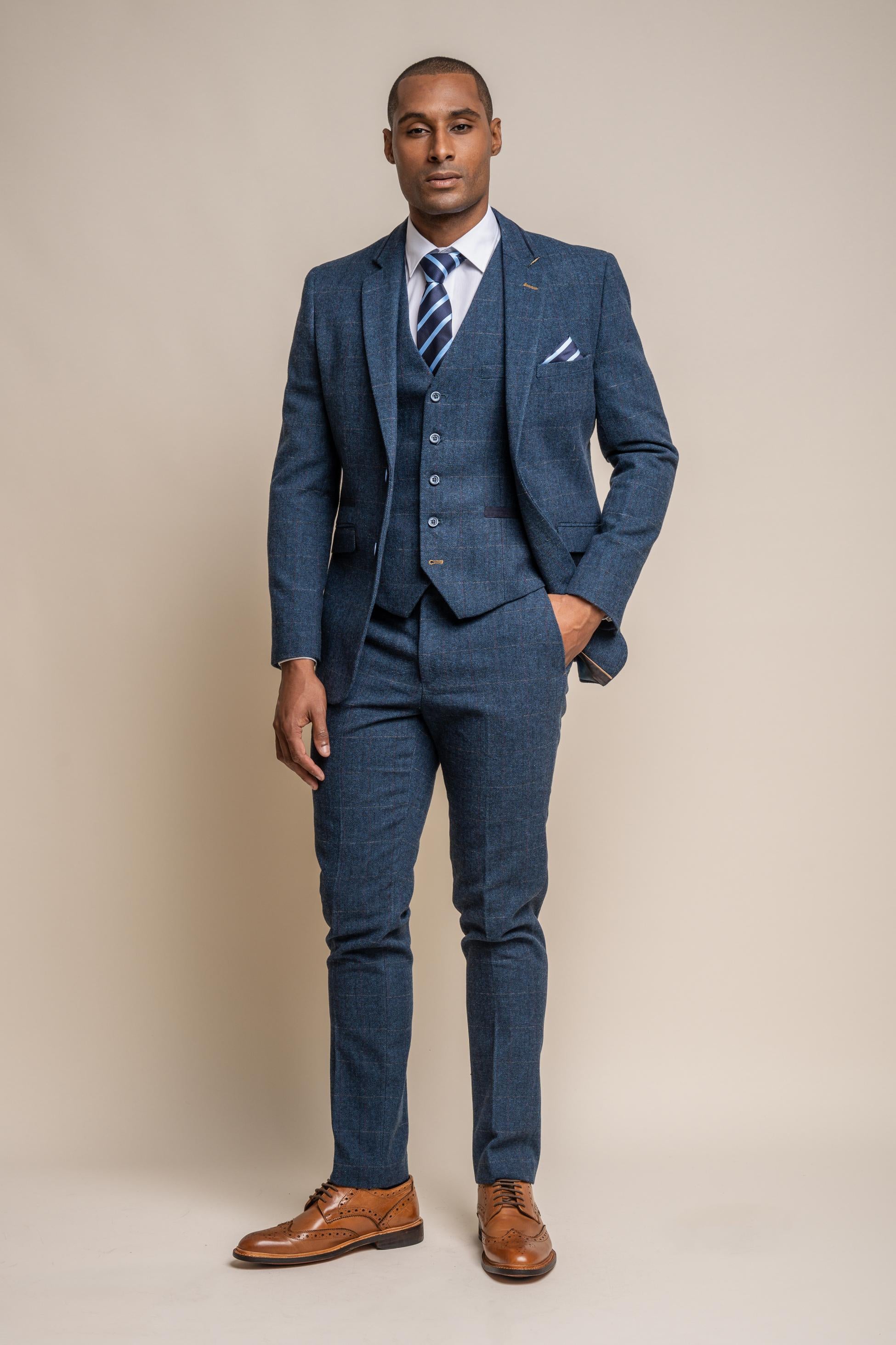 Men's Slim Fit Herringbone Tweed Blue Suit - CARNEGI - Navy Blue