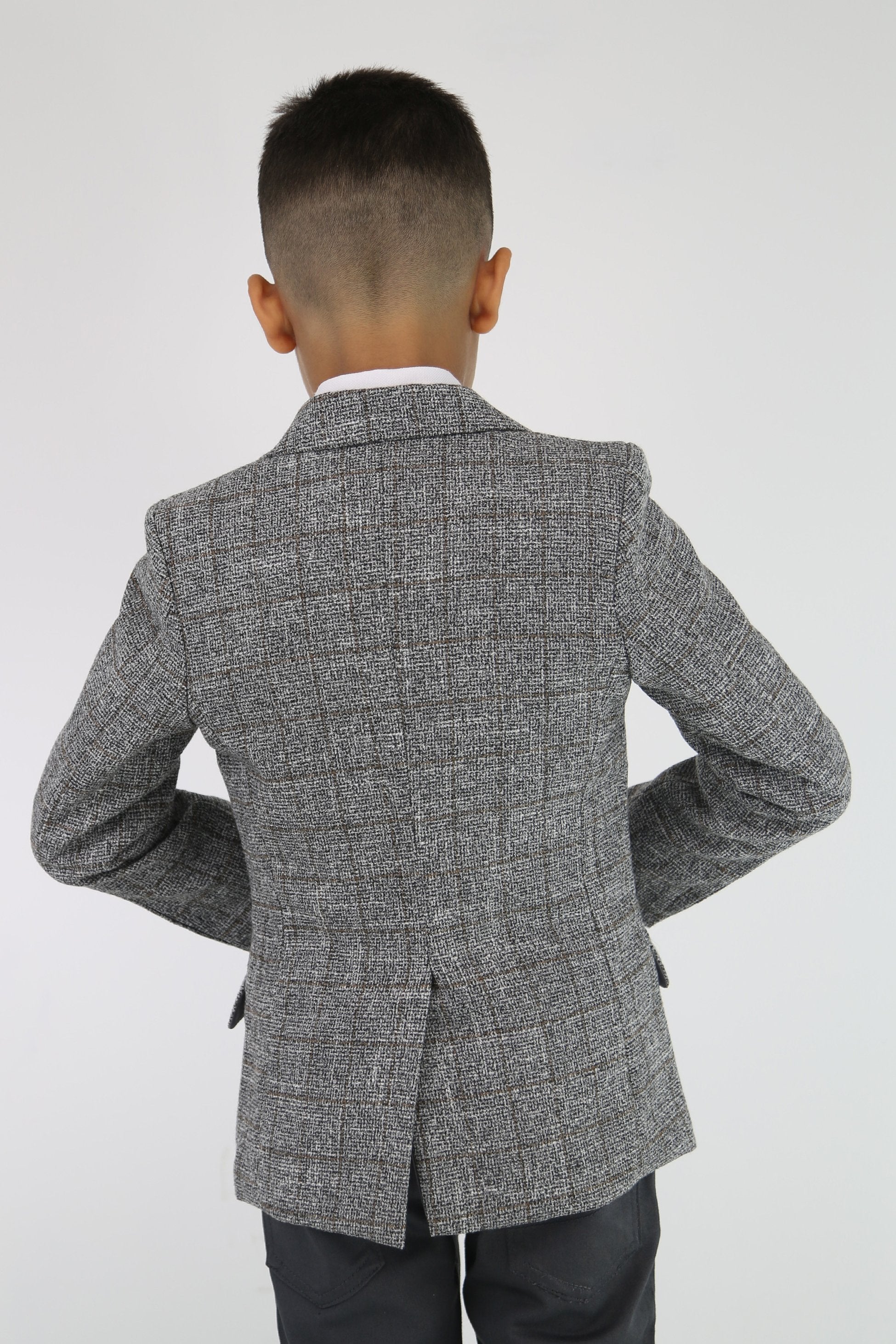 Boys Cotton Blend Tweed Like Check Blazer - Grey