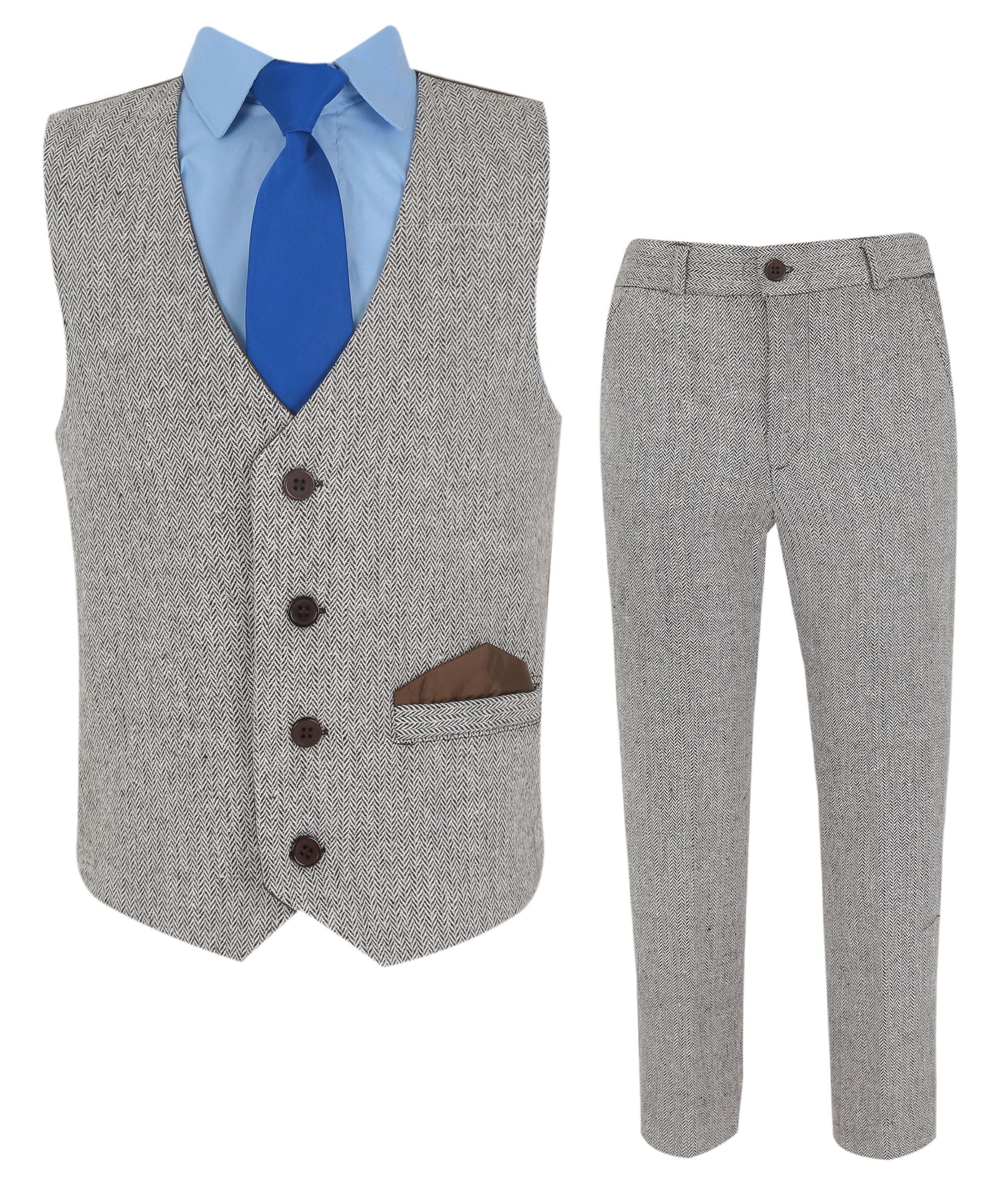 Boys Herringbone Tweed Waistcoat Suit Set - Dark Grey