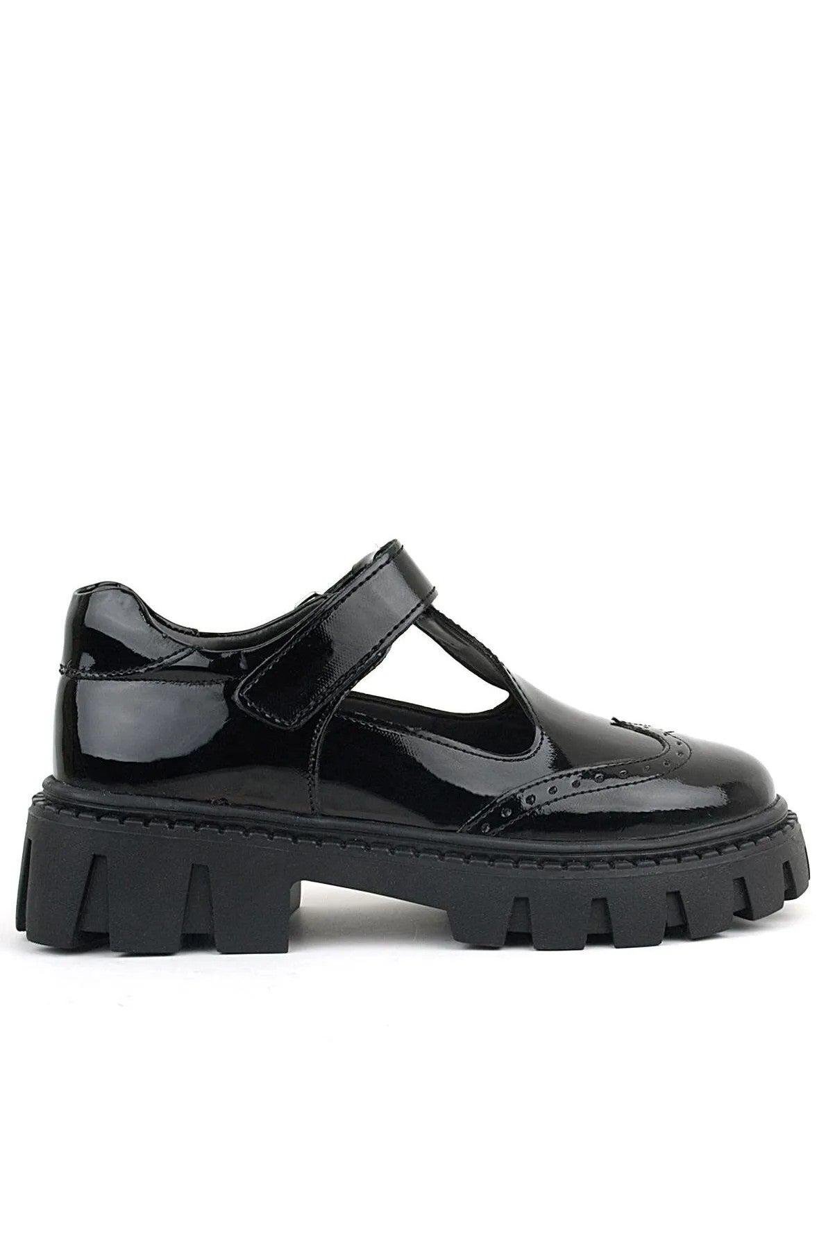 Girls Black Brogue Mary Jane Platform School Shoes - Patent Black