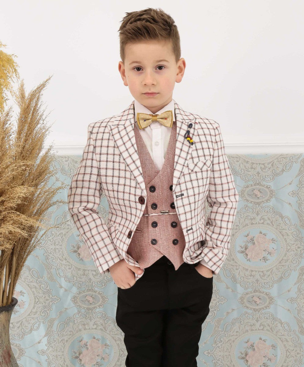 Boys Check Blazer and Double-breasted Waistcoat Suit Set - Burgundy