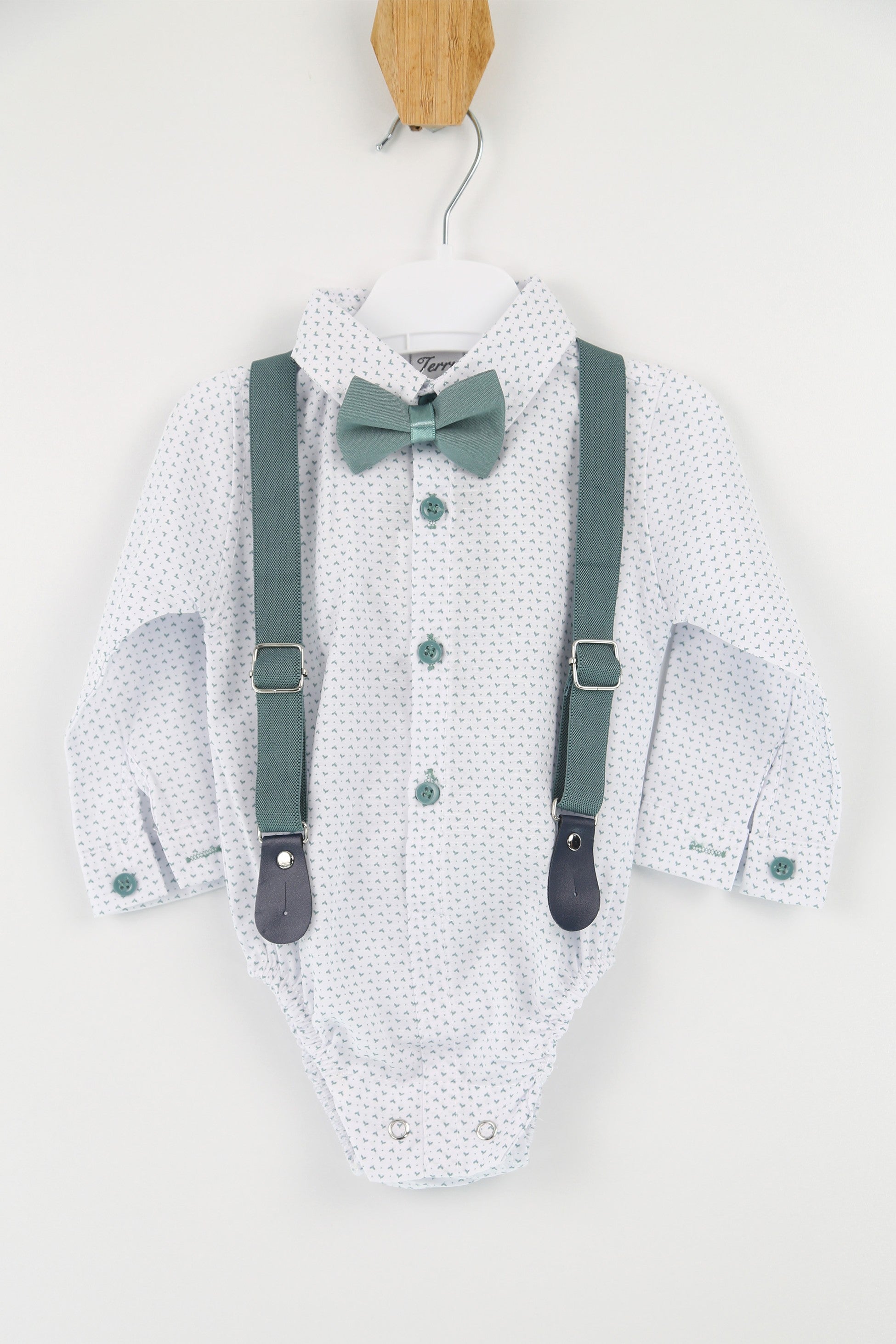 Baby Boys Gentleman Outfit - 4 PC Suspenders Pant Suit Set - BIRD - Green