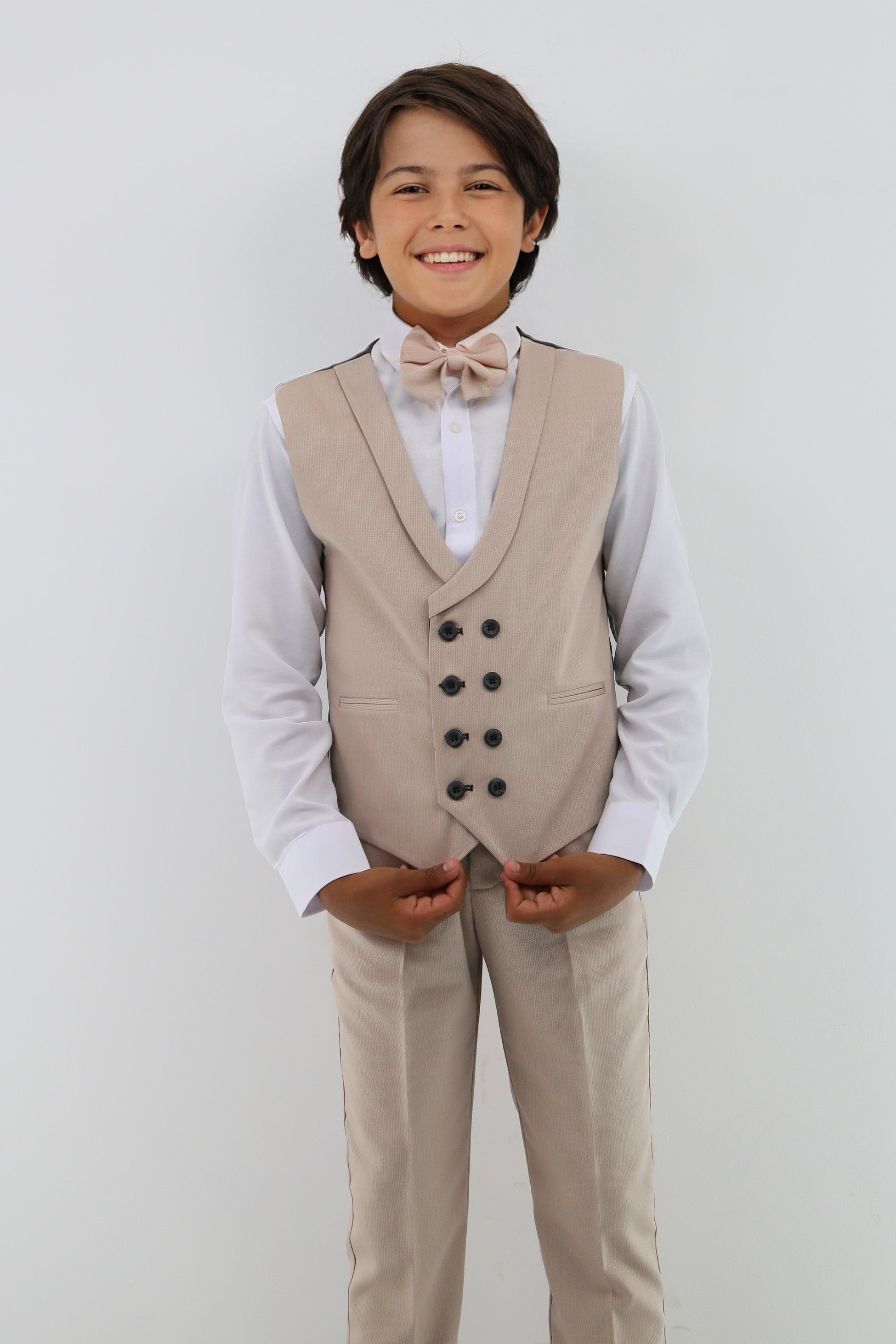 Boys Suit with Double Breasted Waistcoat 6 PC Set - Taupe Beige