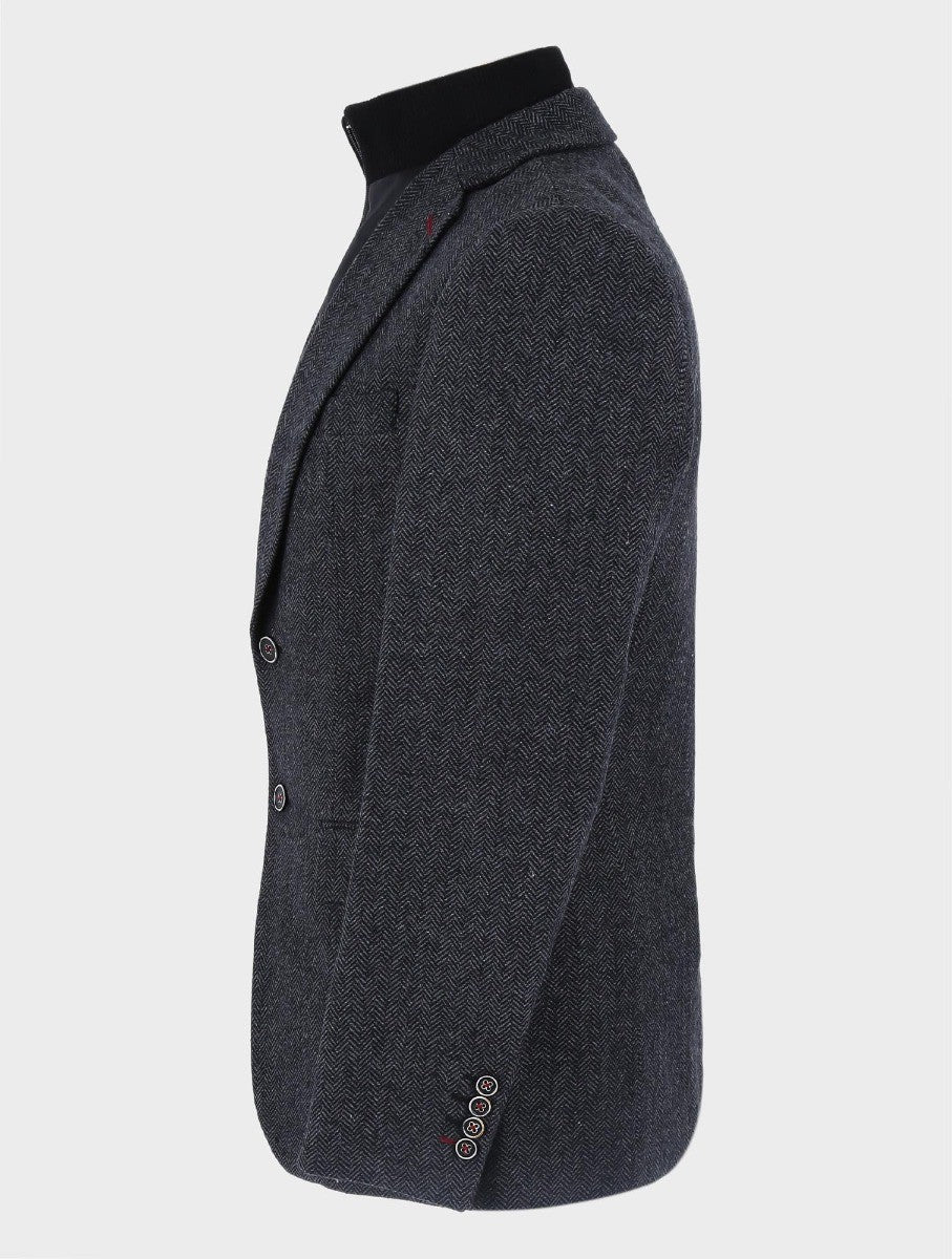 Men's Wool Herringbone Tweed Coat with Removable Zipper - Alexander - Black