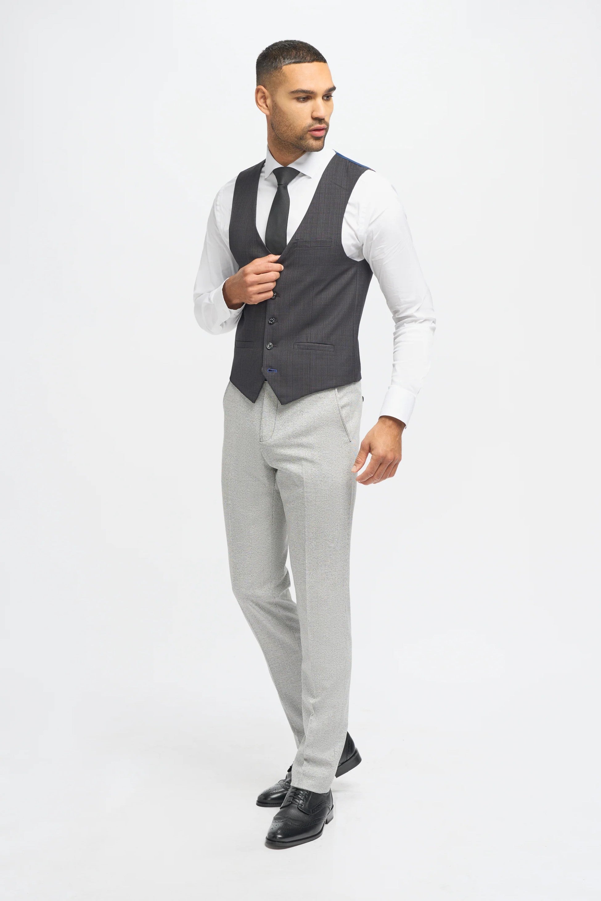 Men's Dark Grey Slim Fit Suit Jacket and Waistcoat with Light Grey Houndstooth Trousers - Grey