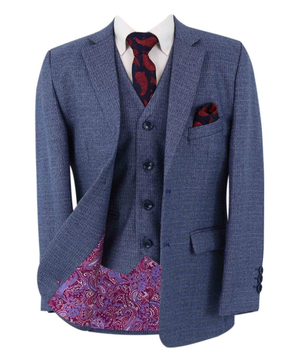 Boys Textured Tailored Fit Blue Suit - LONDON - Mid-Denim Blue