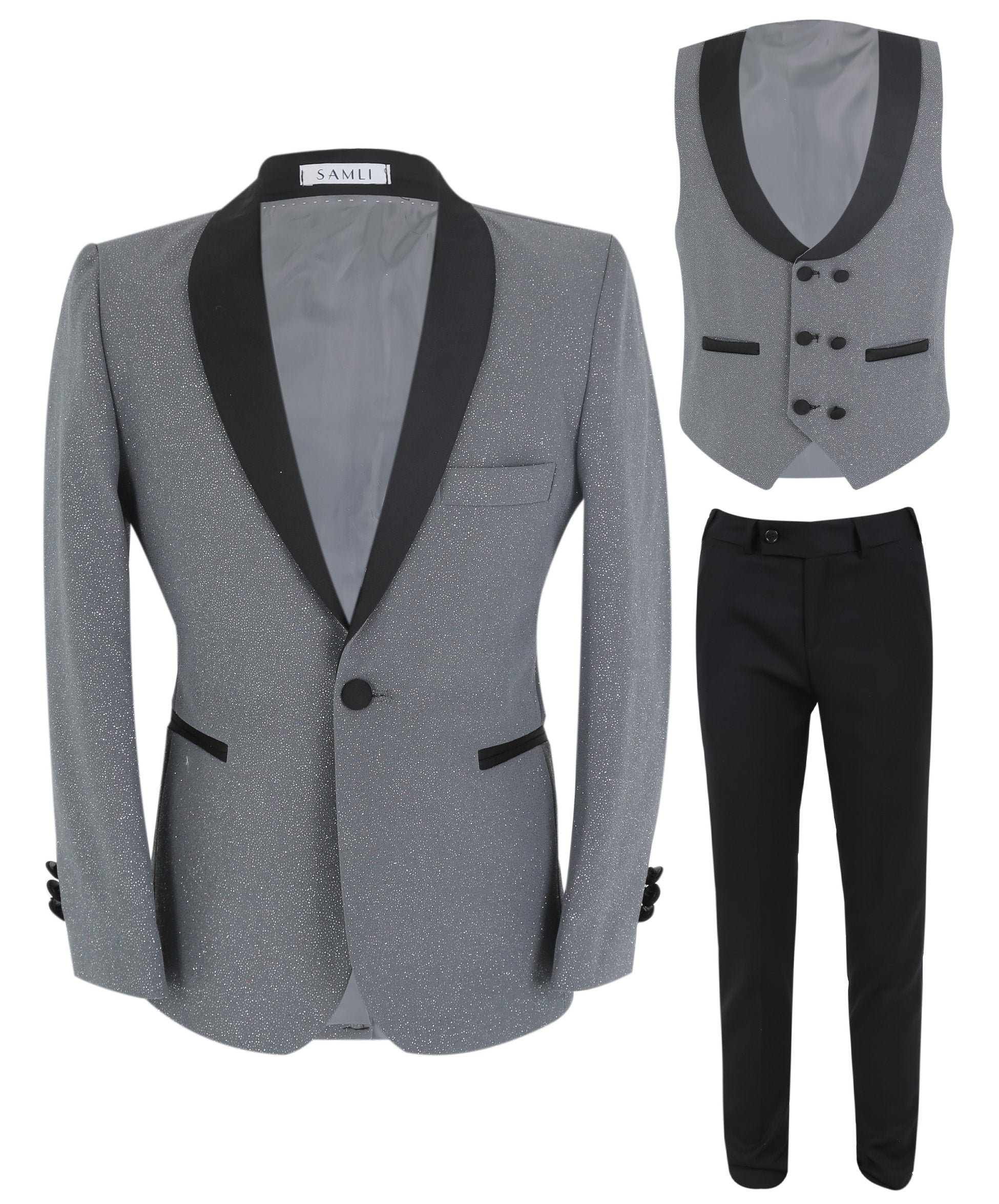 Boys Slim Fit Shimmer Tuxedo Suit - Grey