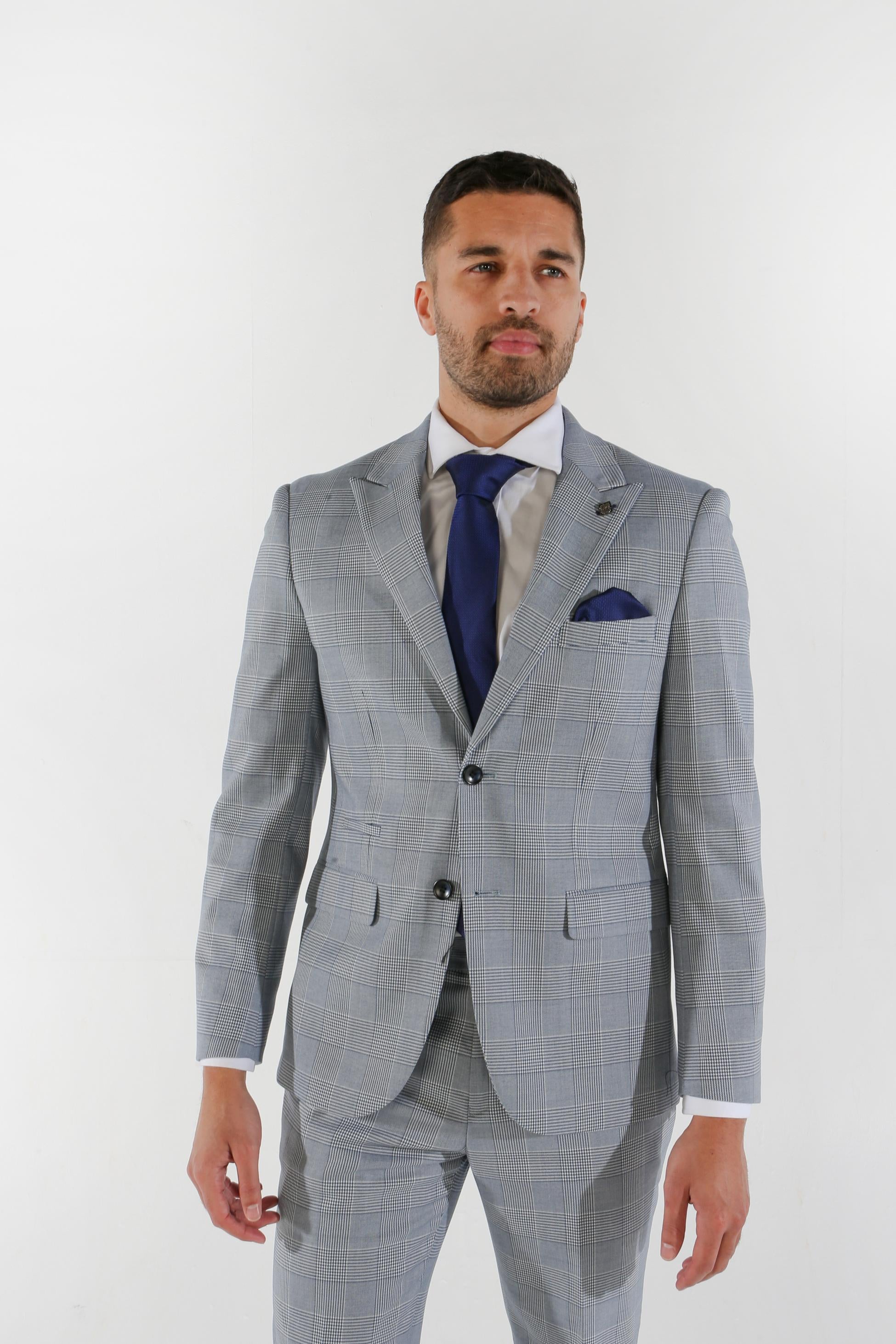 Men's Houndstooth Check Sky Blue Suit Jacket - MARK - Blue