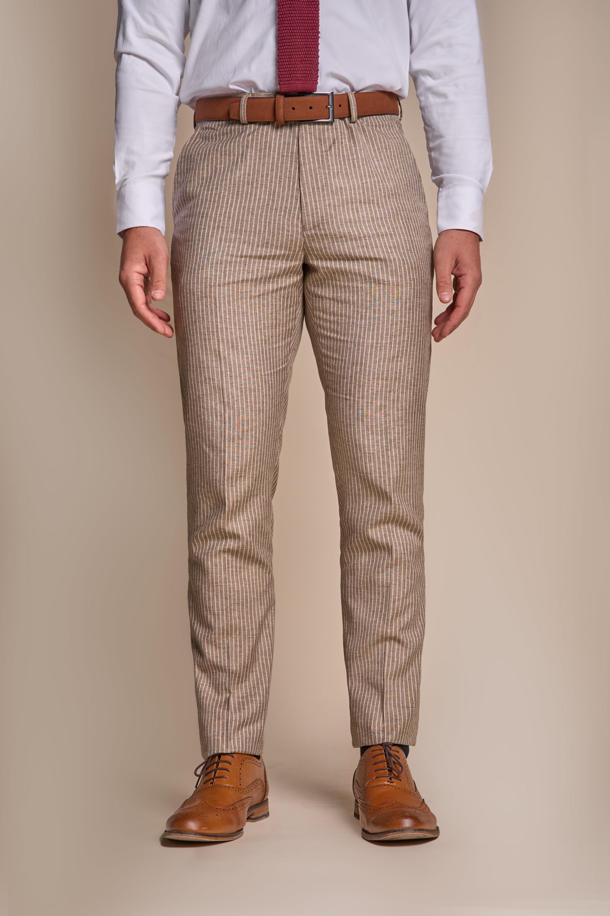 Men’s Slim Fit Pinstripe Beige Trousers – KRAKEN Sand - Sand Beige