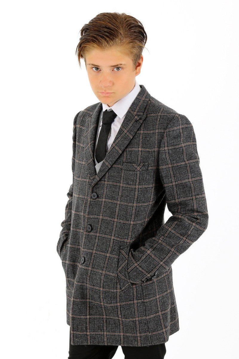 Boys Wool Tweed Check Midi Coat - FAUNUS - Dark Grey