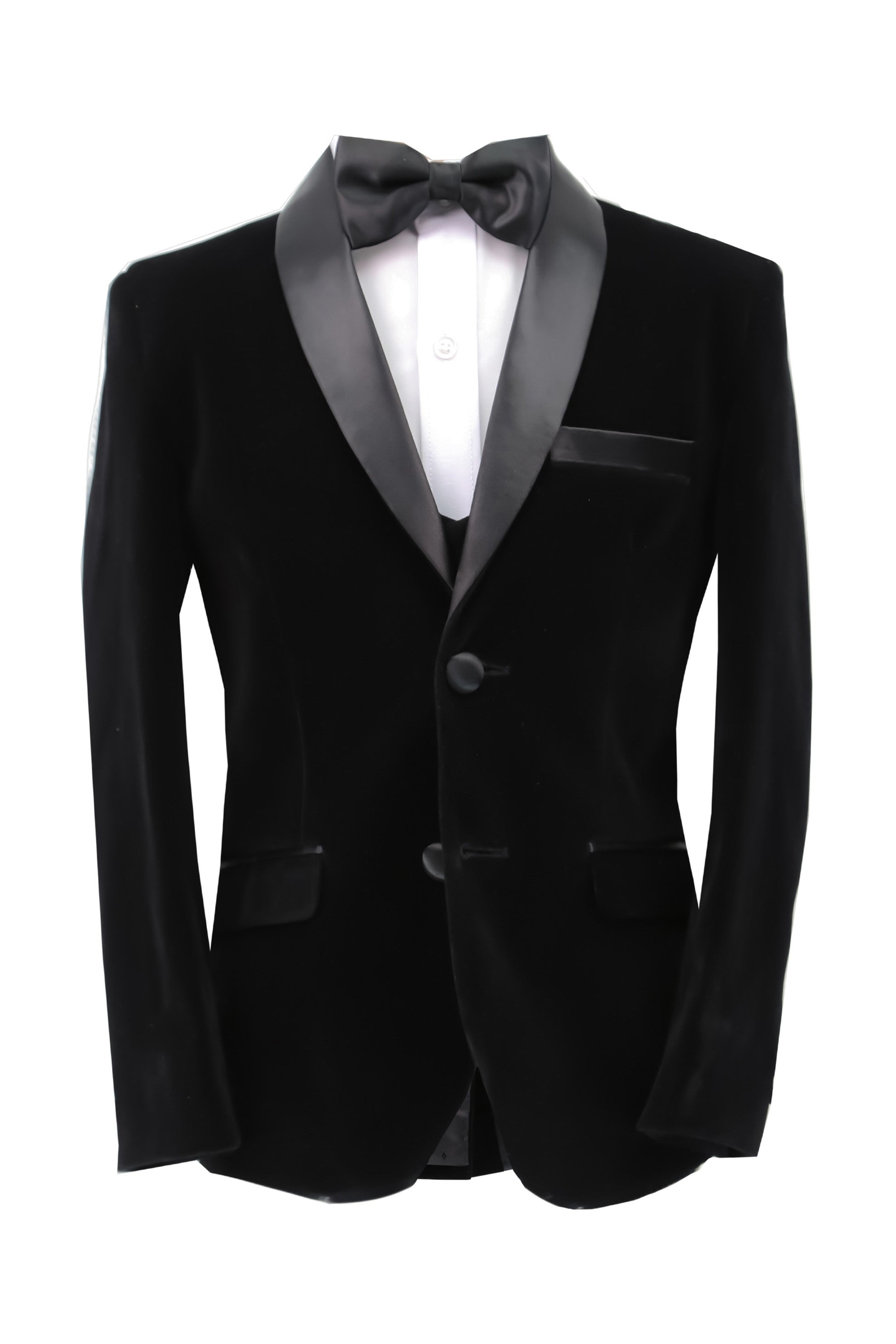 Boys Velvet Tuxedo Suit with Double-breasted Vest - Black