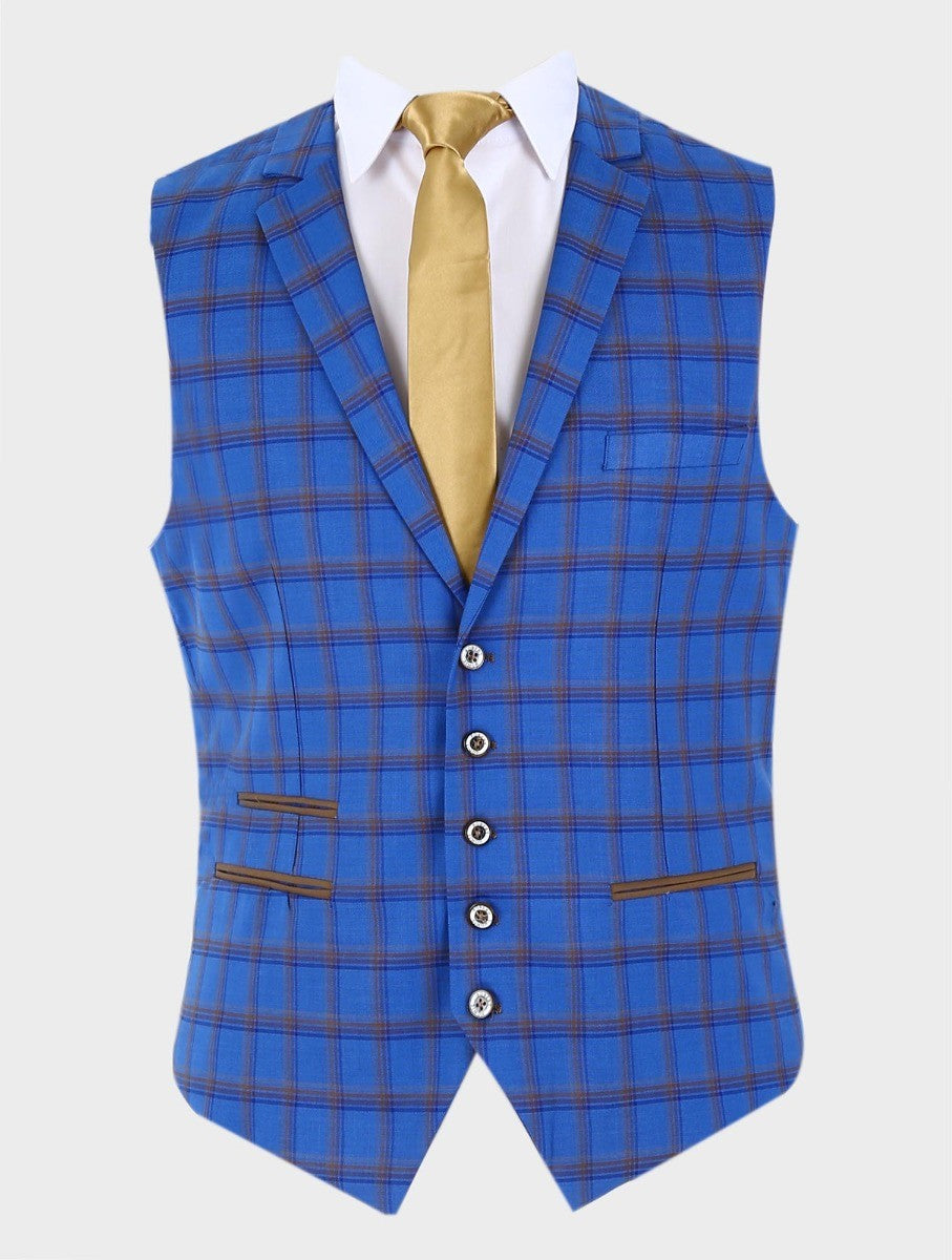 Men's Slim Fit Retro Check Blazer and Waistcoat - GRAVANO - Royal Blue