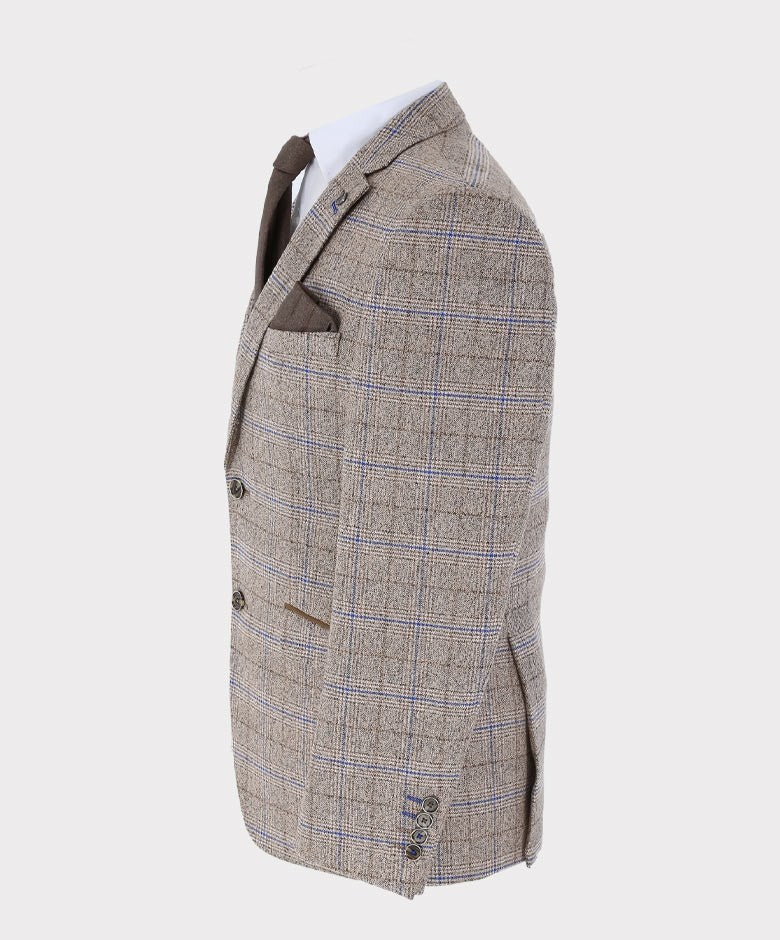 Men'sTailored Fit Tweed Check Suit Jacket - DAVID Taube - Beige