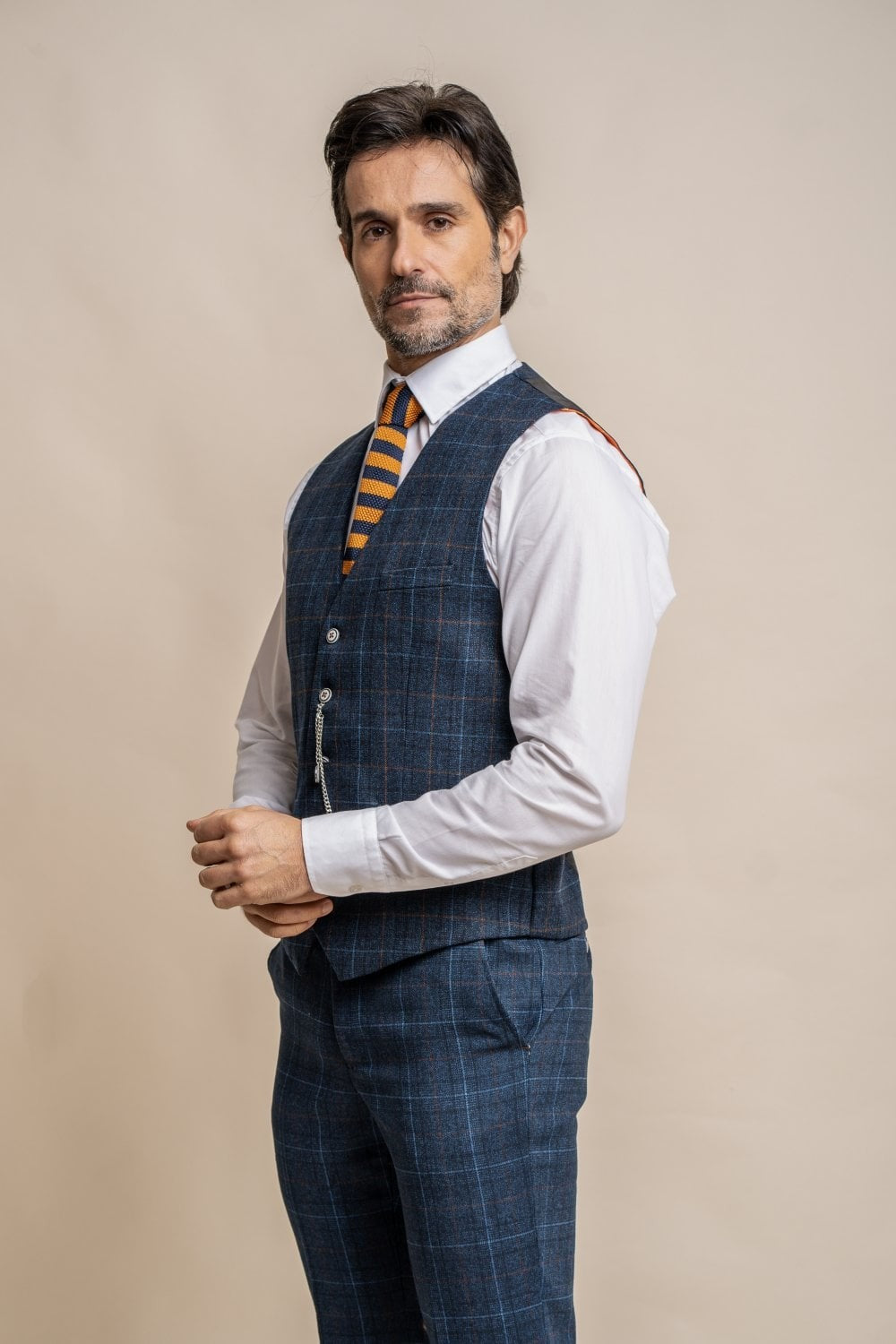 Men's Windowpane Check Tweed Blue Waistcoat - CODY - Navy Blue