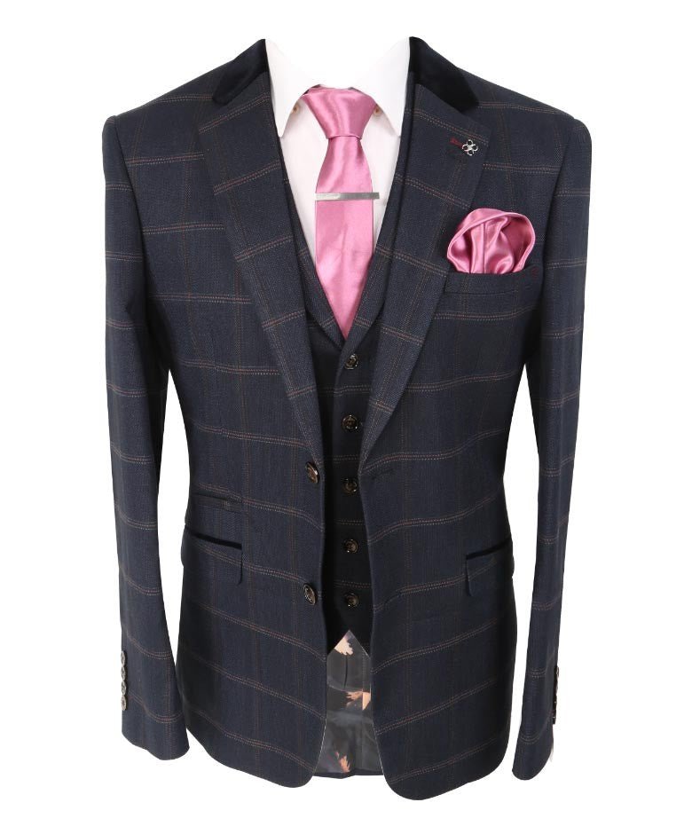 Men's Slim Fit Tweed Check Retro Suit - Connall Blue - Navy Blue