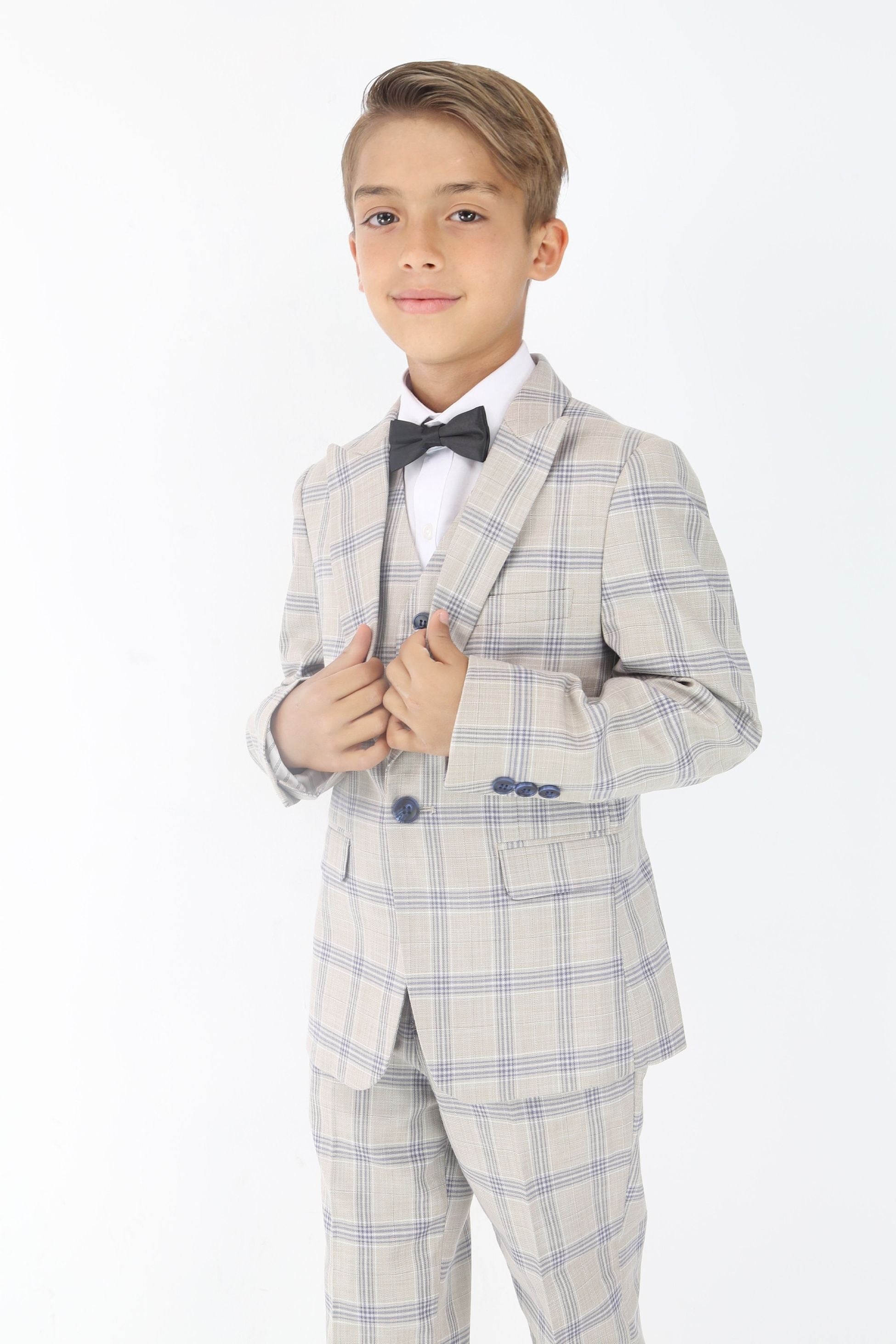 Boys Beige & Blue Plaid Check Suit - Beige - Blue