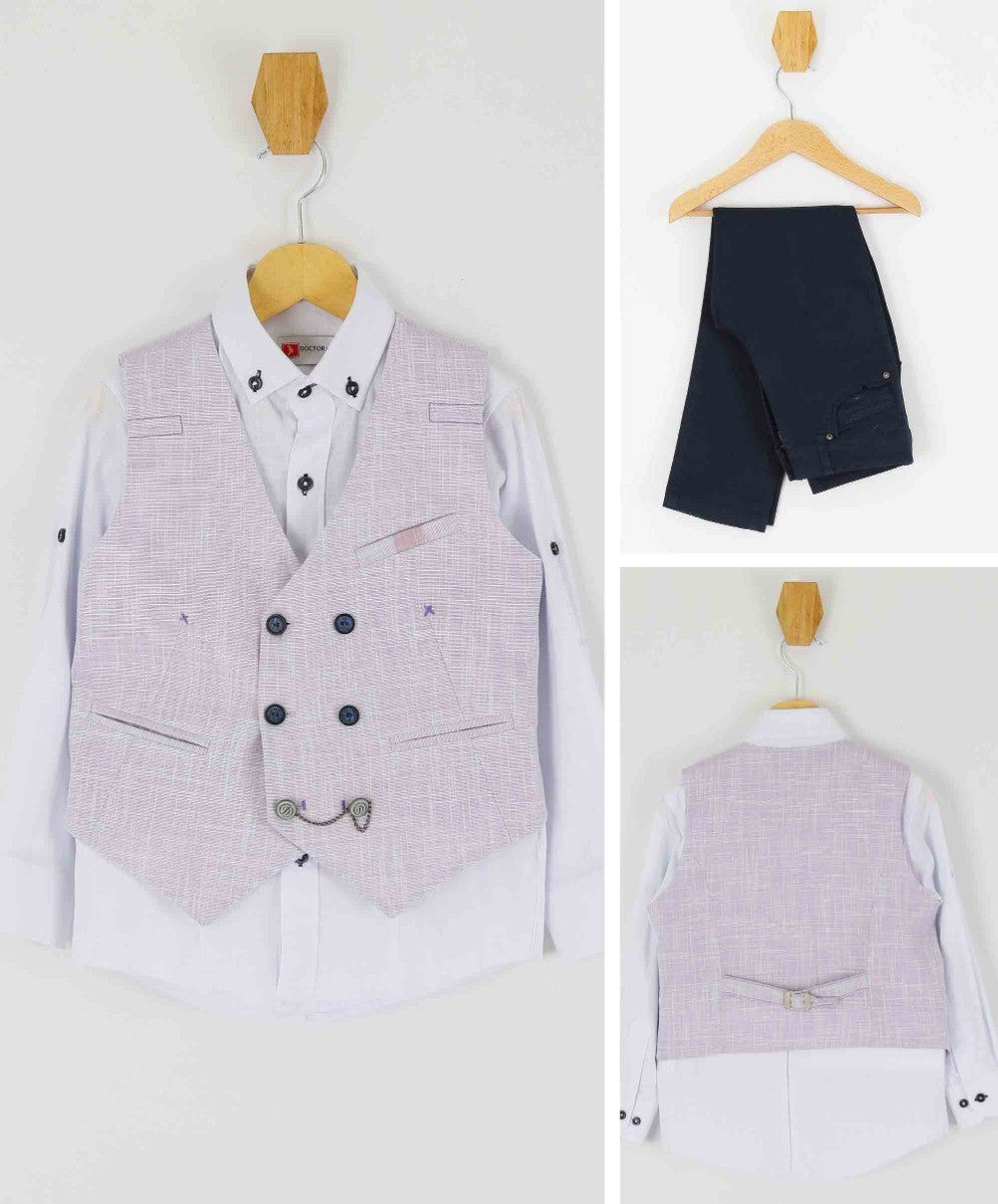 Boys Self Patterned Double-Breasted Linen Waistcoat Suit Set - Lilac