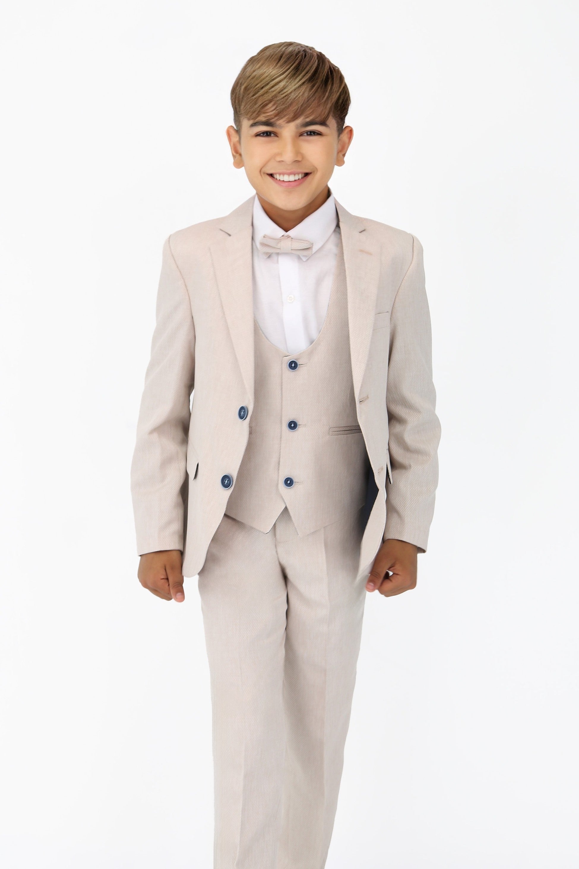 Boys' Slim Fit Self-Patterned 5 PC Suit Set - Beige