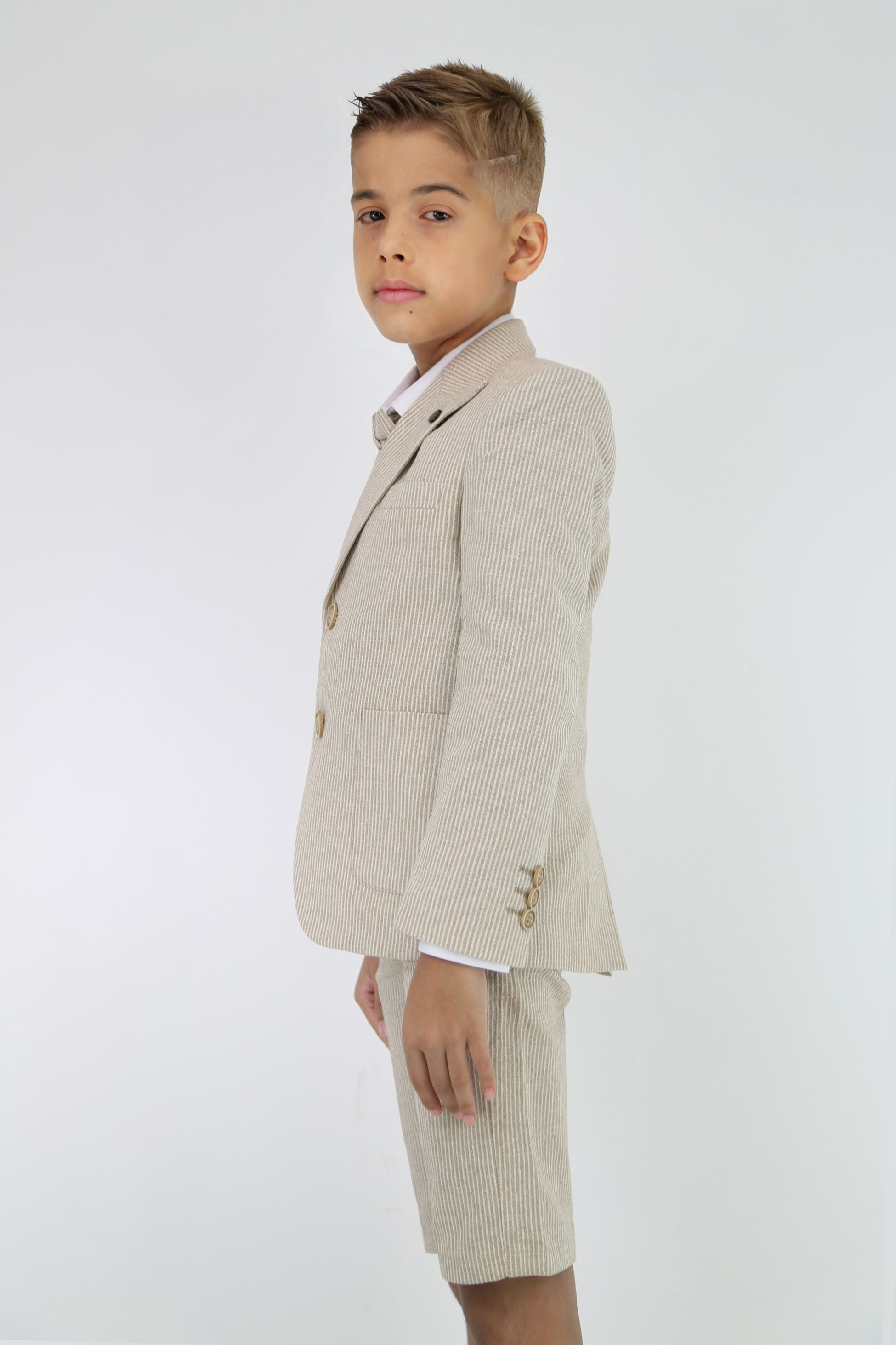 Boys Striped Cotton Seersucker Short Suit – ALEXANDER - Camel Beige