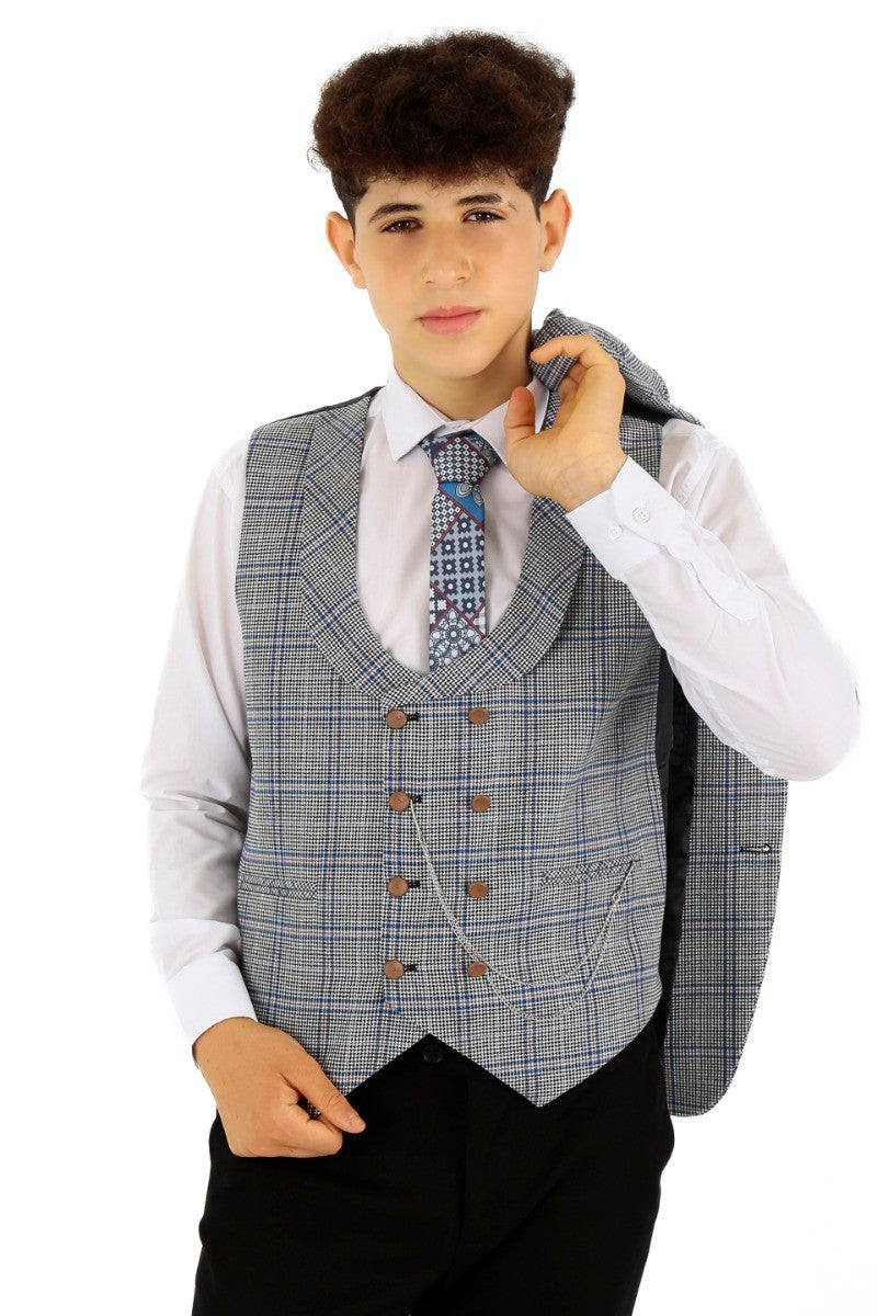 Boys Windowpane Check Slim Fit Suit - Blue - Black