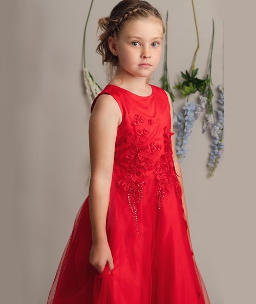 Floral Embroidery Flower Girl Dress with Bow - LUCKY - Red