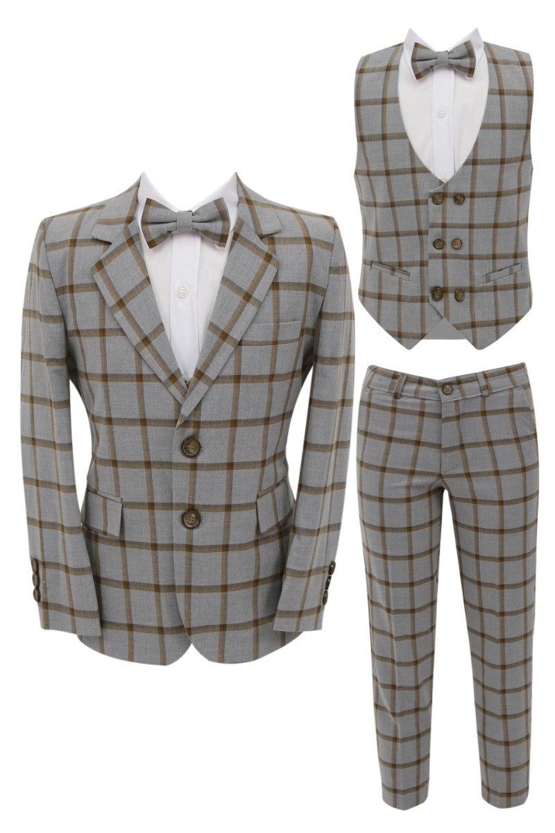 Boys Windowpane Check Suit 7 PC Set - Brown