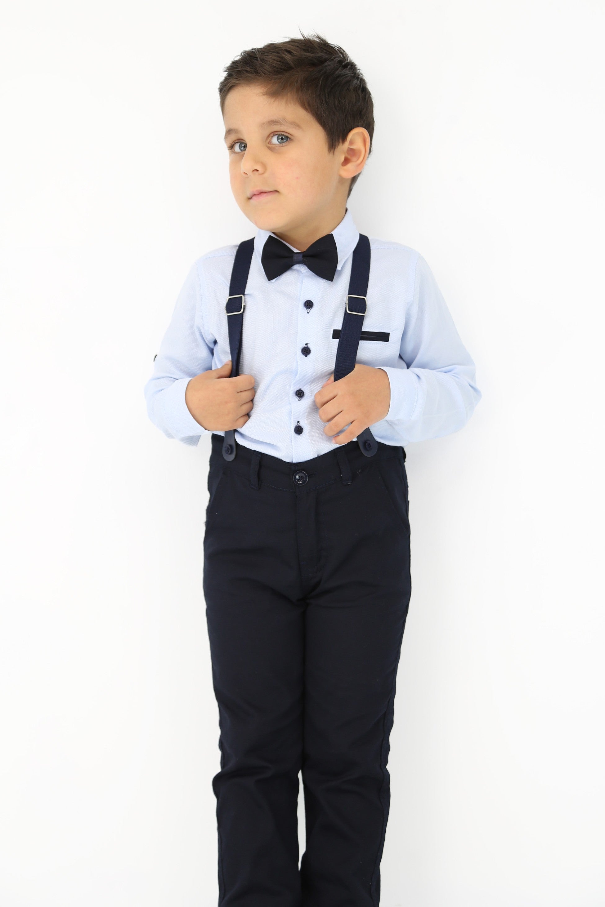 Baby & Boy Gentleman Outfit - 4 Piece Suspenders Pant Suit Set - OXFORD - Light Blue - Navy Blue