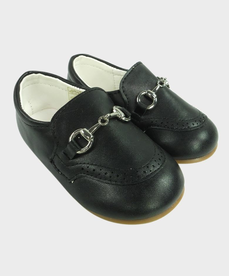 Boys Leather Moccasin Loafers with Silver Horsebit - Black