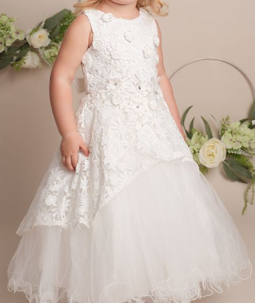 Girls Ivory Flower Lace Overlay Tulle Dress - RUBY - Ivory