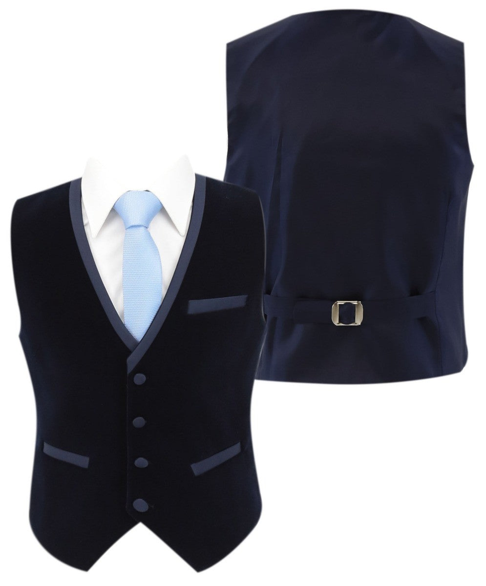 Boys Slim Fit Piping Velvet Tuxedo Suit - LONDON - Navy Blue