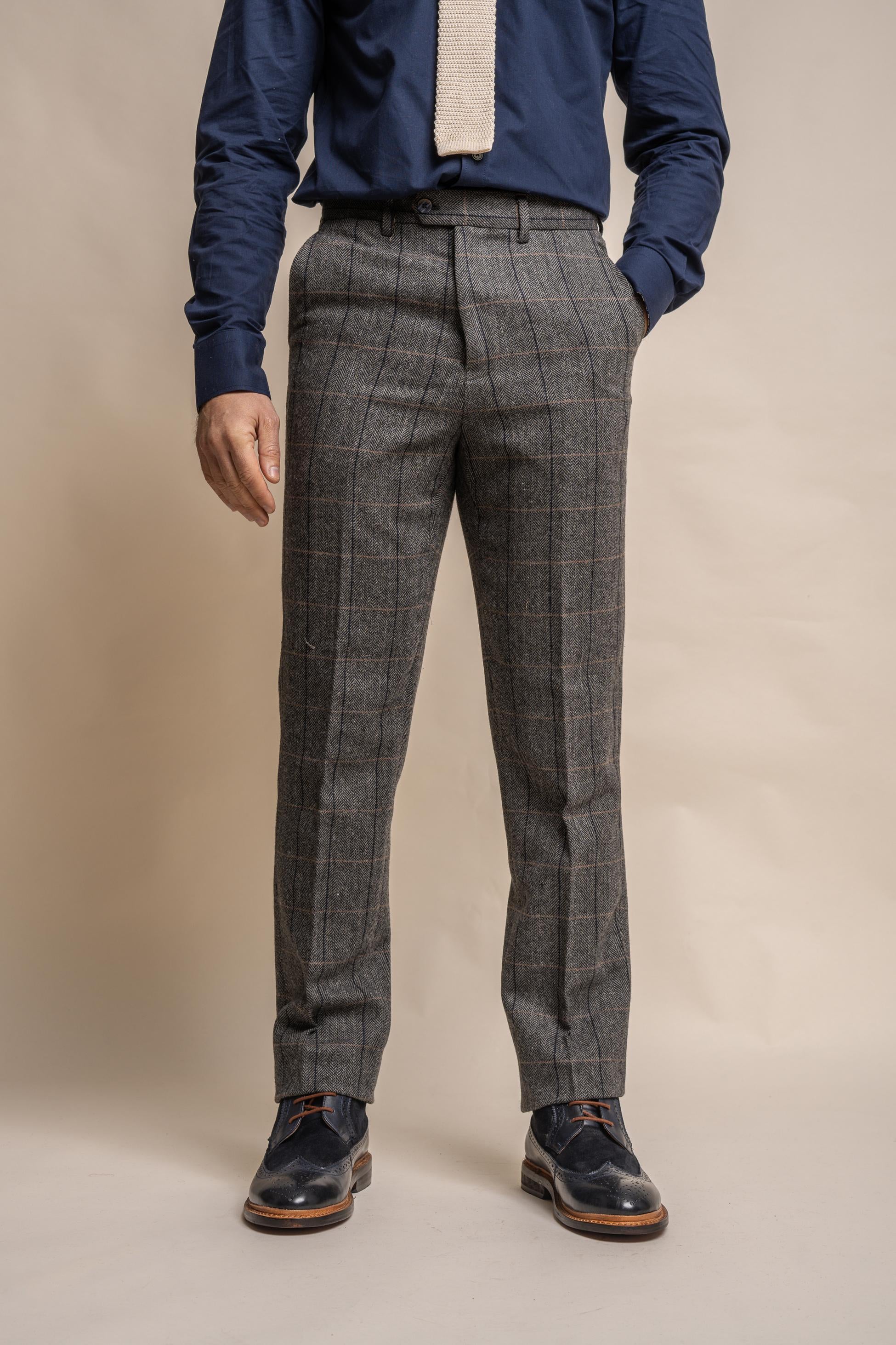 Men's Wool Blend Herringbone Check Trousers - Albert - Grey