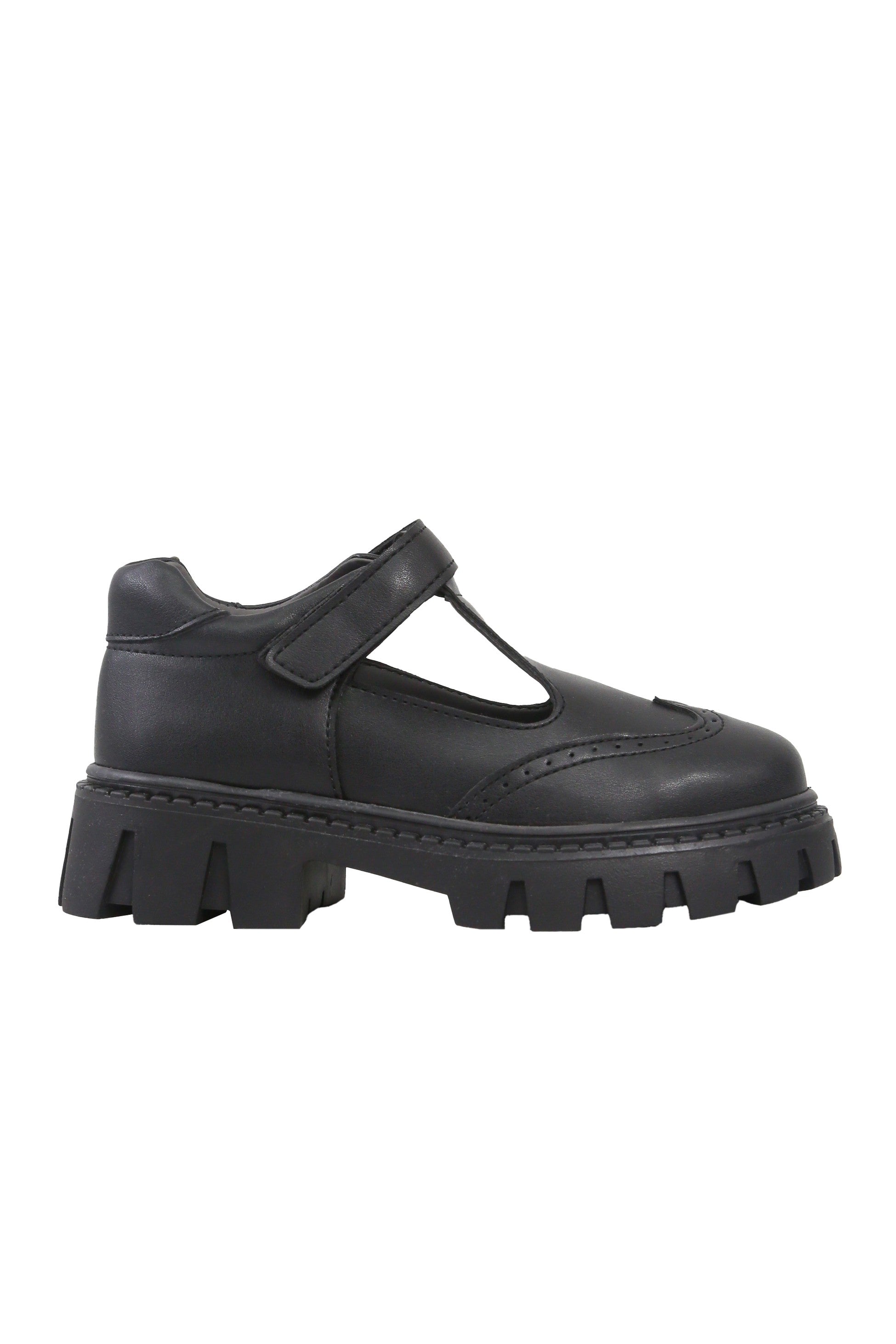 Girls Black Brogue Mary Jane Platform School Shoes - Mat Black