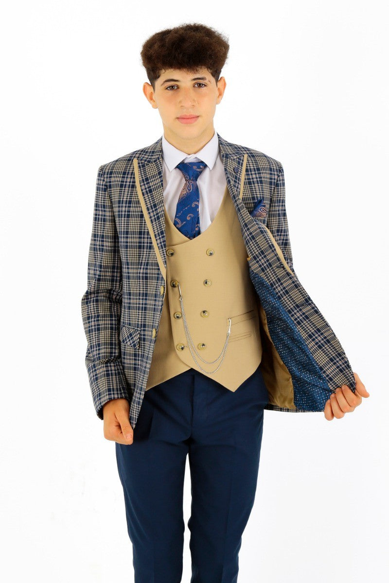 Boys Plaid Check Slim Fit Suit - Navy Blue- Beige