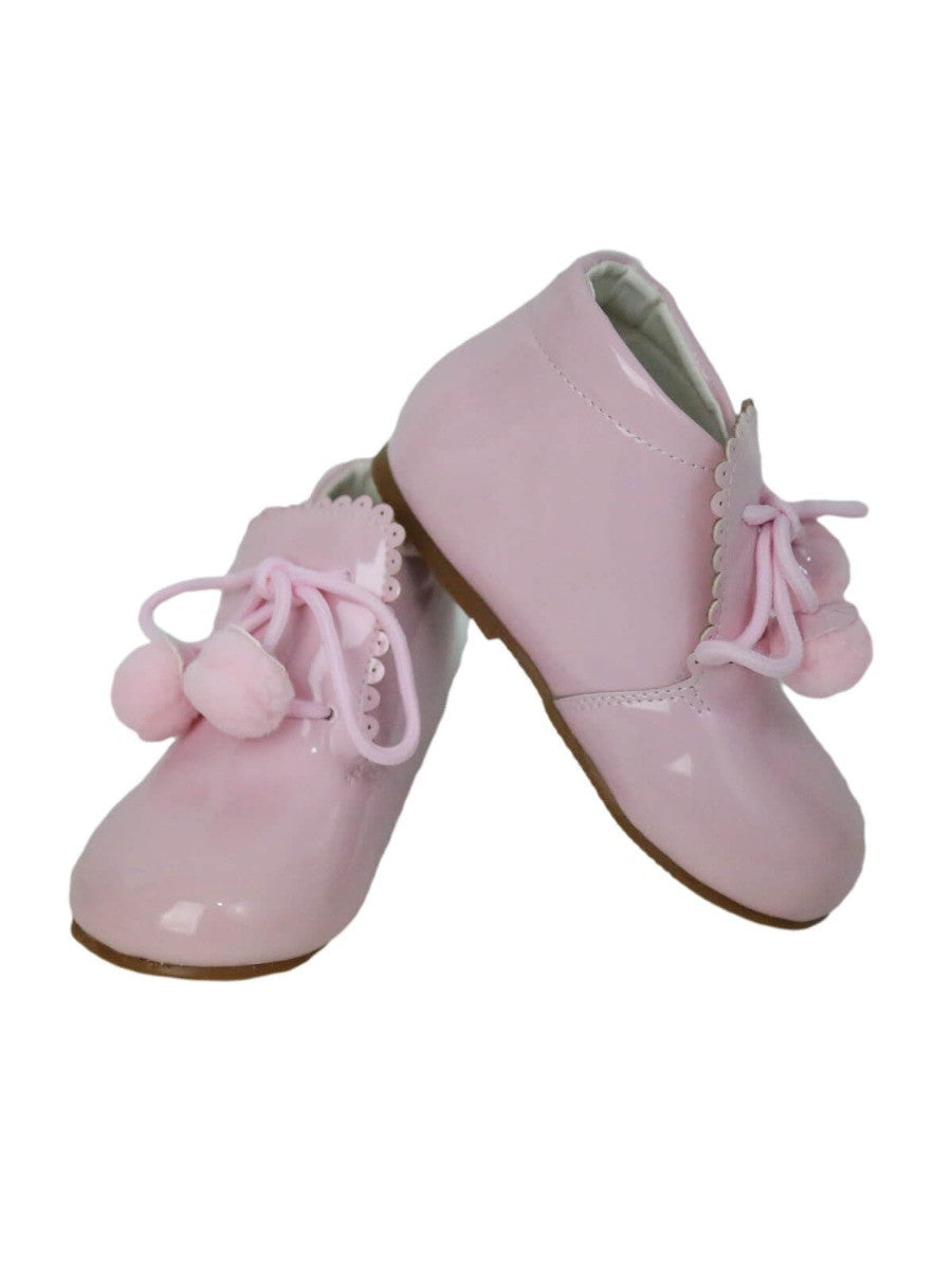 Baby Girls Pom Pom Patent Booties - Pink