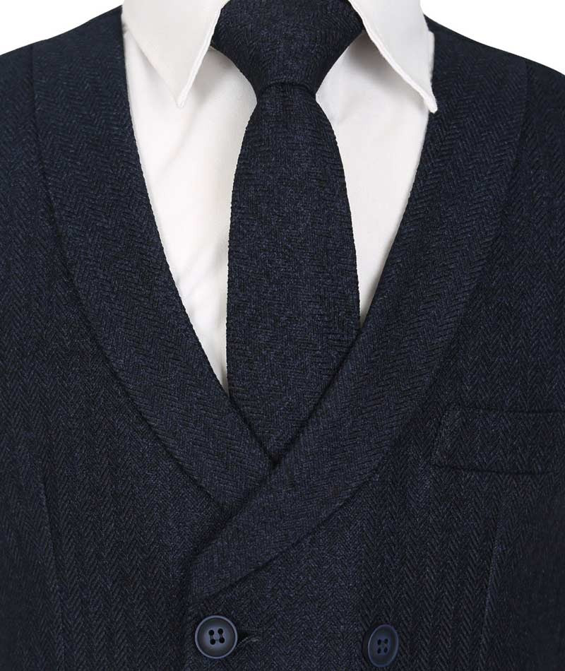 Men's and Boys Herringbone Double-breasted Waistcoat Set - Navy Blue