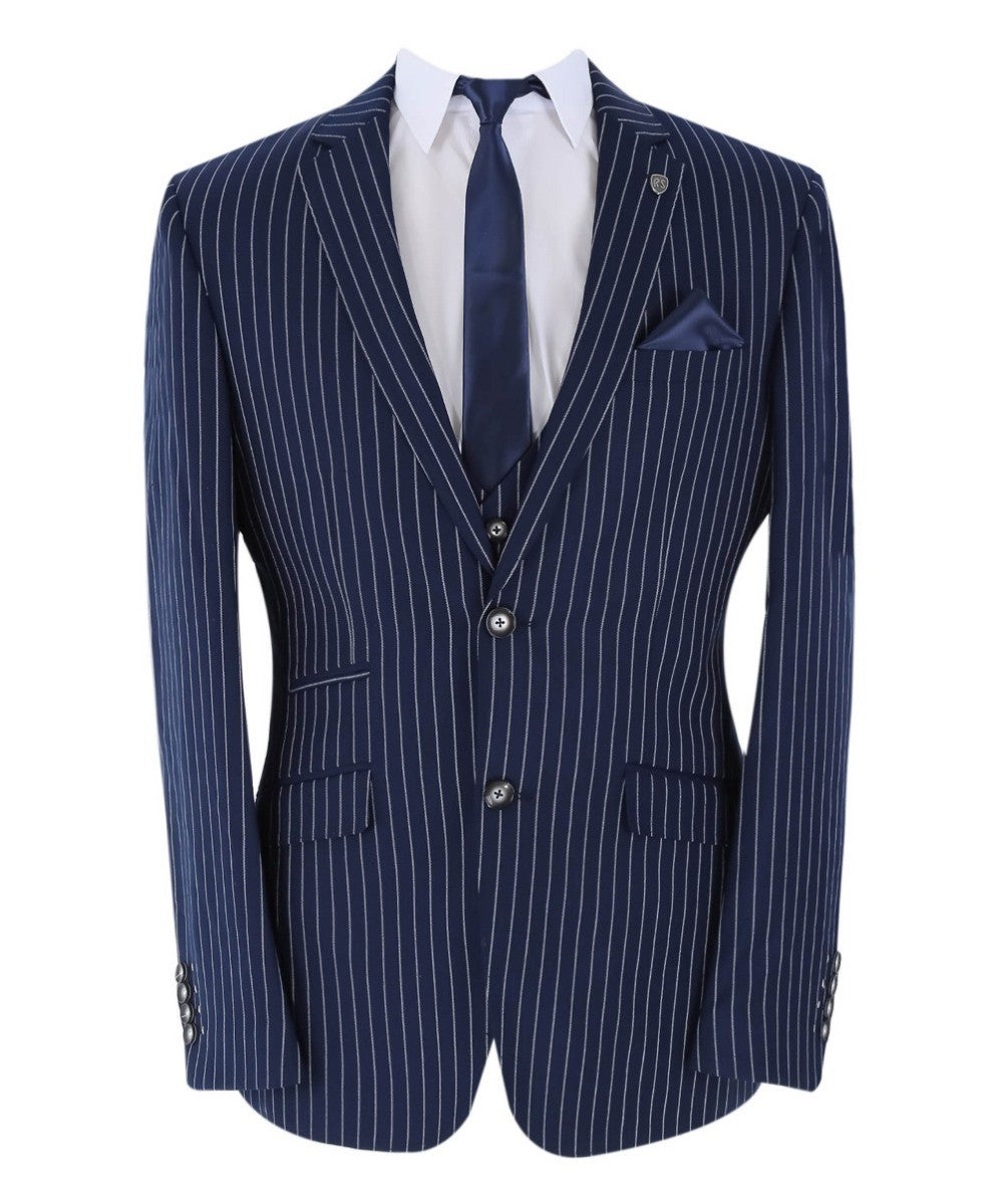 Men's Tailored Fit Pinstripe Navy Suit - MASON - Navy Blue