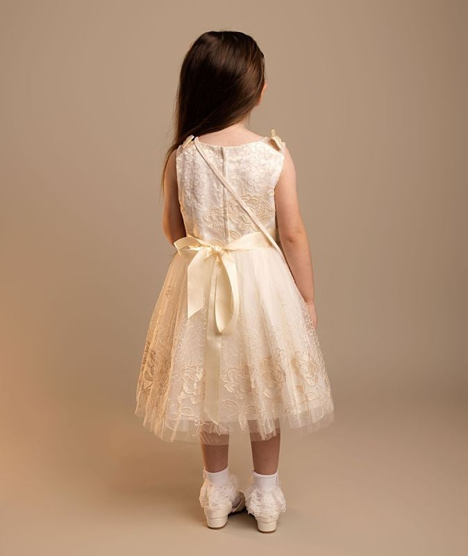 Girls’ Ivory & Gold Floral Embroidery Dress Set - Priscilla - Ivory Gold