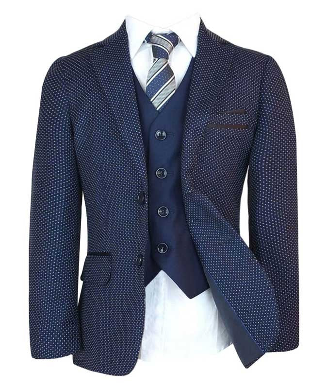 Boys Italian Slim Fit Polka Dot Navy Suit - Navy Blue