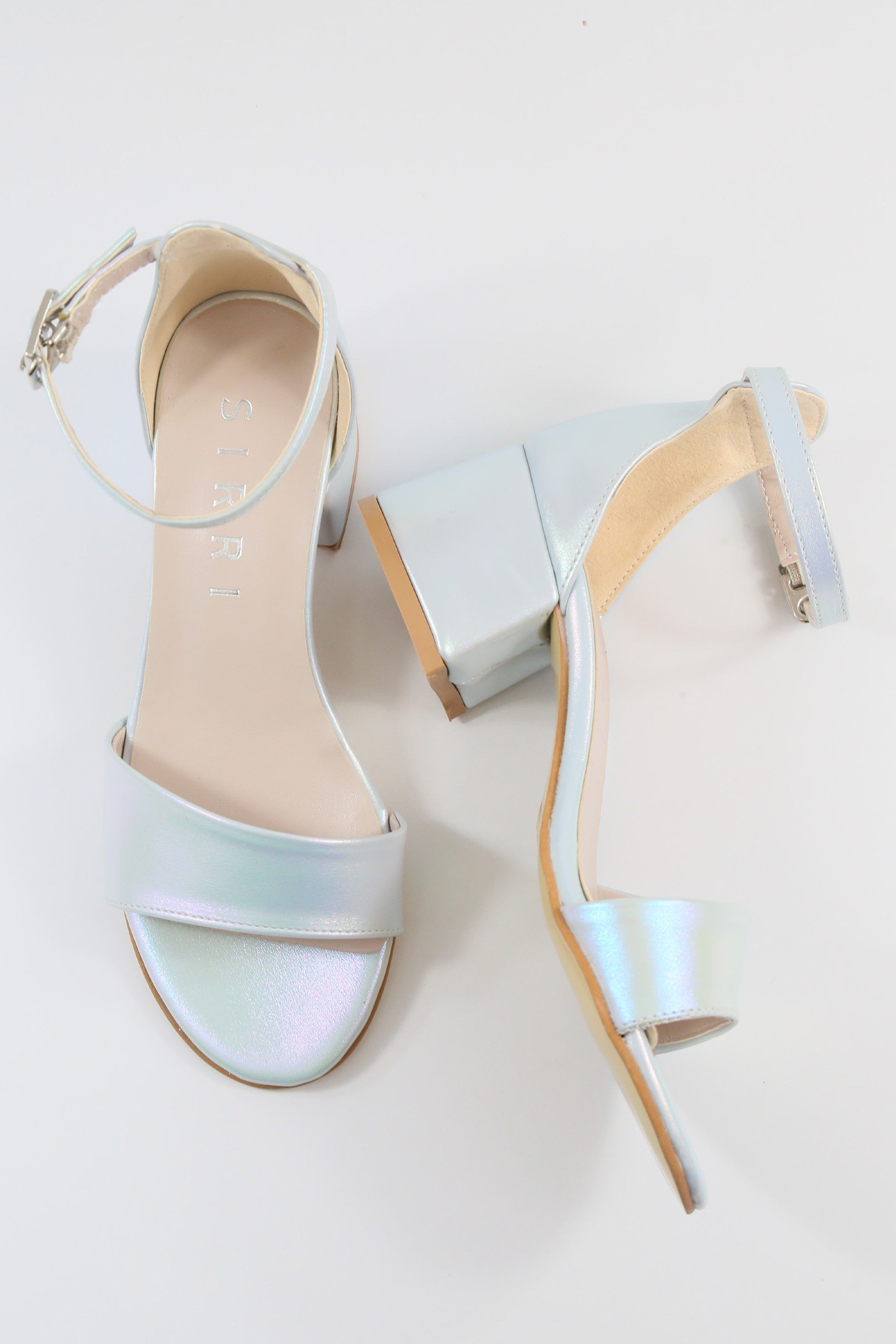 Girls Ankle-Strap Iridescent Block Heels Sandals - GRACE - Silver