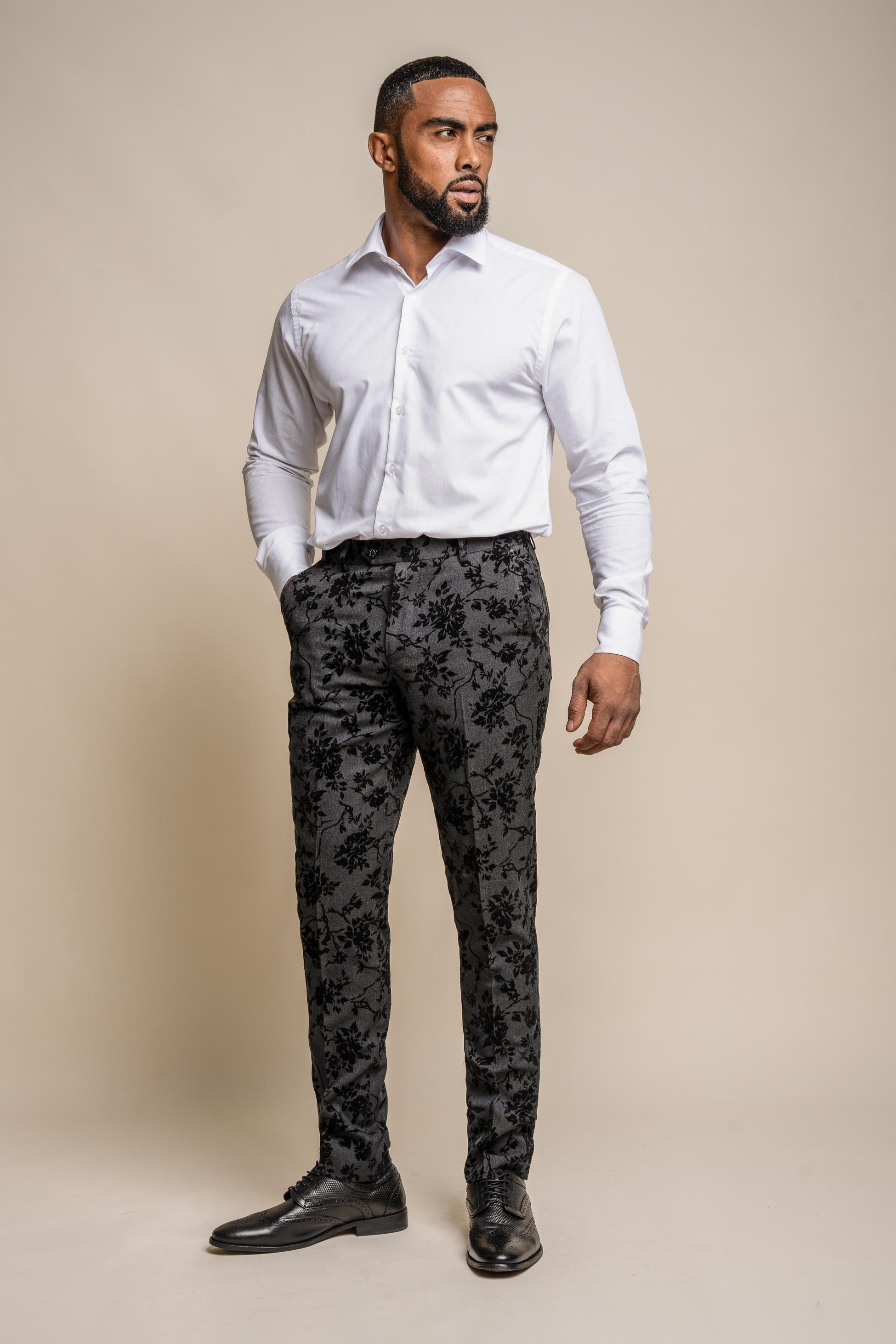 Men's Black Velvet Floral Embroidered Trousers - GEORGI - Black